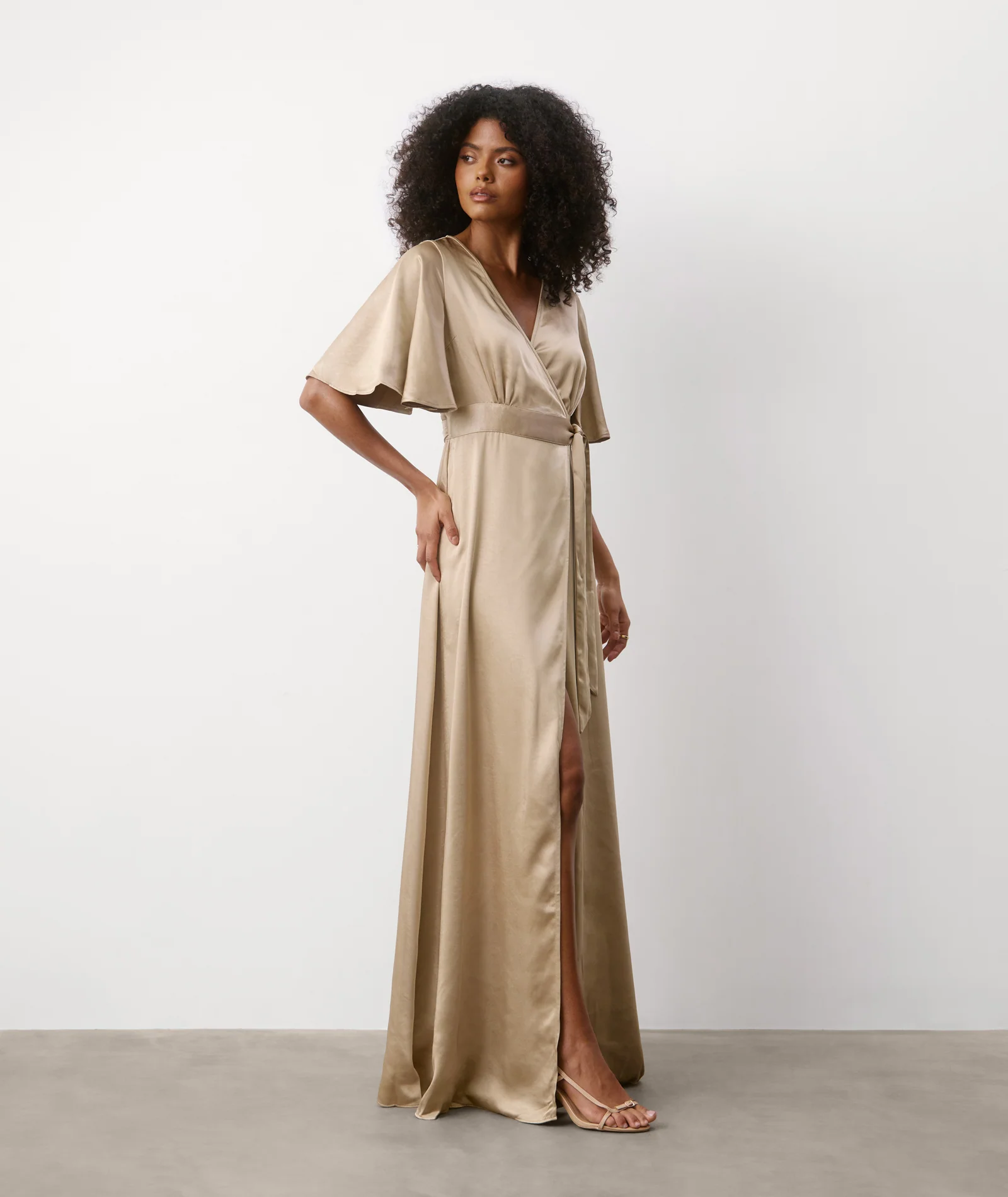 Wrap Tie Satin Bridesmaid Dress - Champagne - Image 4