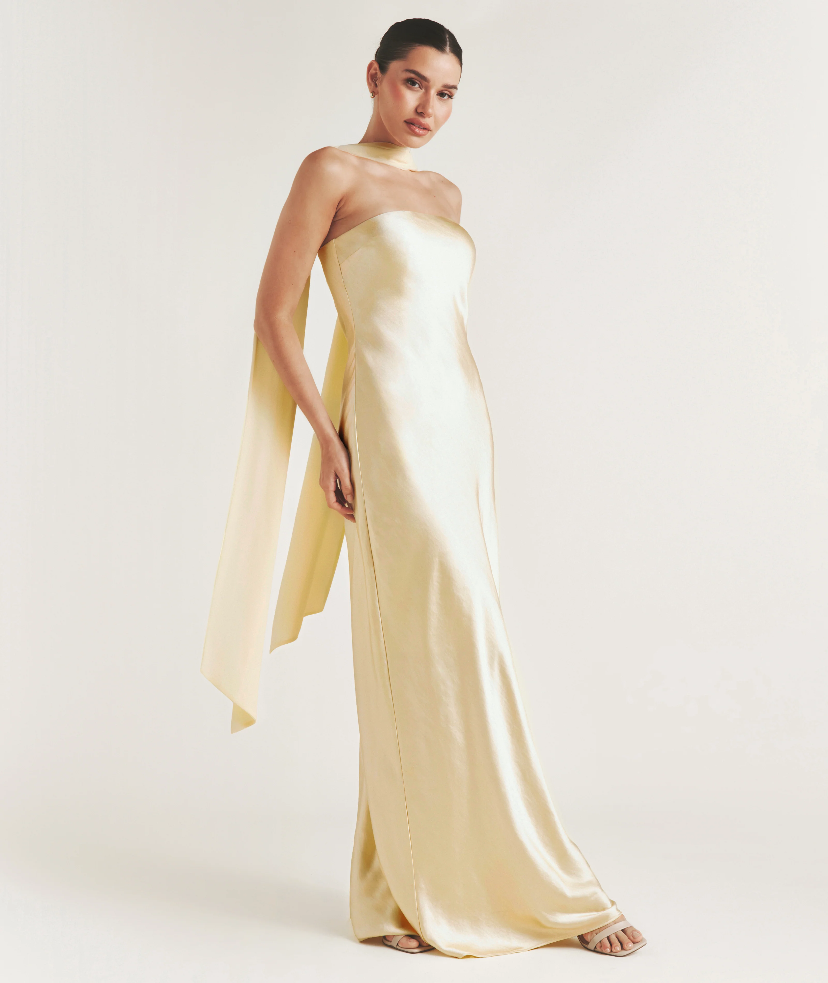 Bandeau Satin Bridesmaid Dress with Chiffon Neck Scarf - Butter Lemon - Image 2