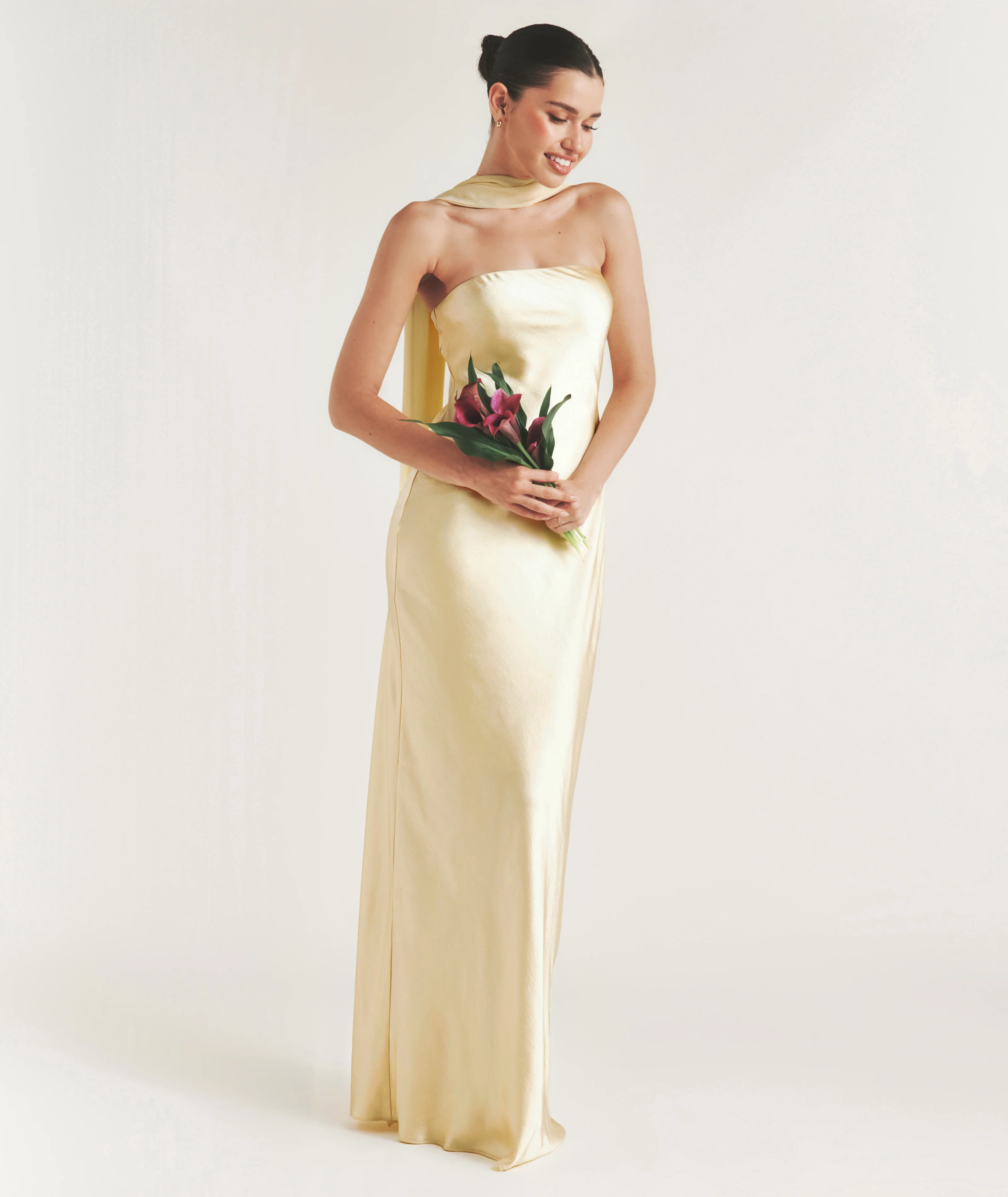 Bandeau Satin Bridesmaid Dress with Chiffon Neck Scarf - Butter Lemon - Image 5