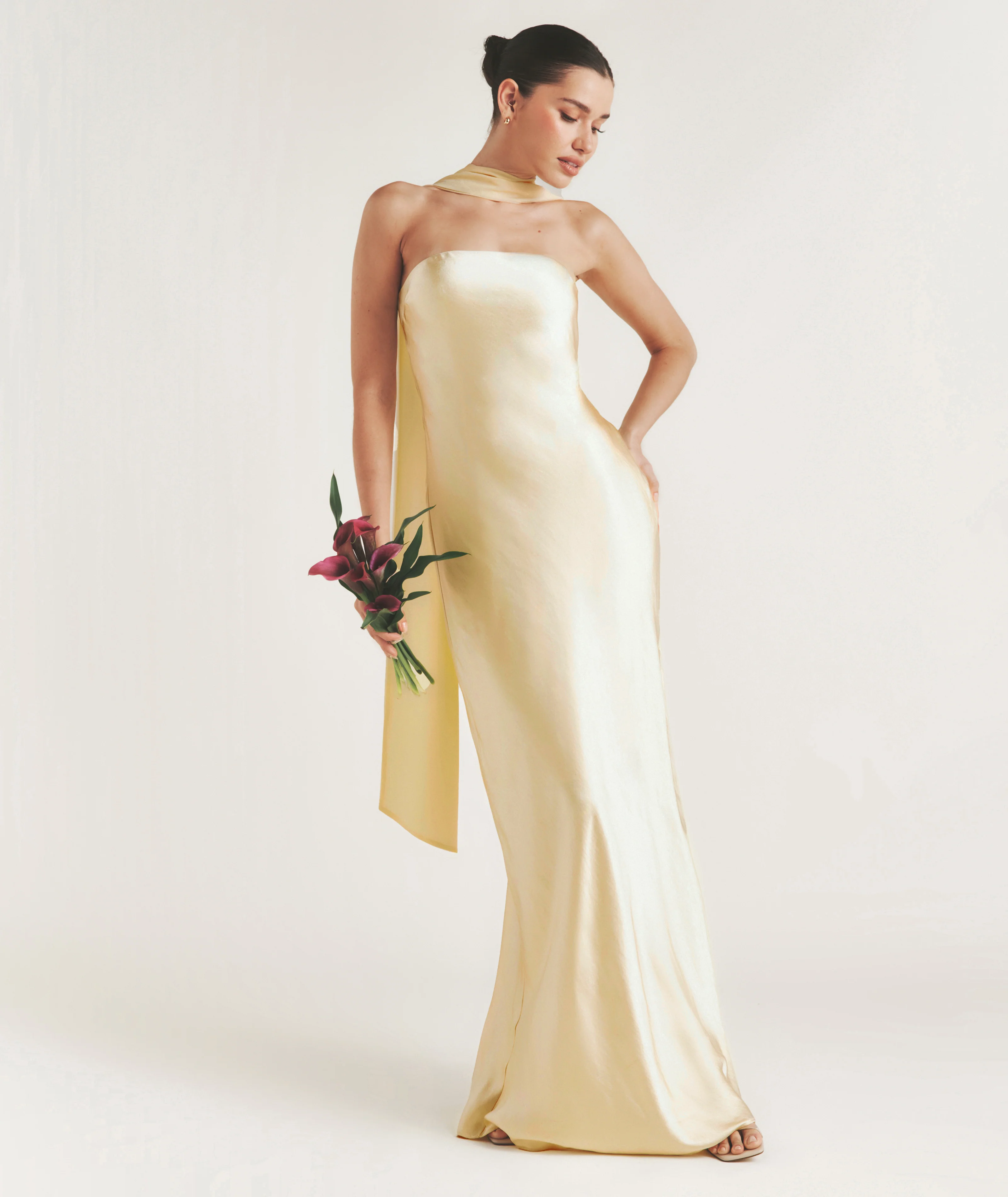 Bandeau Satin Bridesmaid Dress with Chiffon Neck Scarf - Butter Lemon - Image 6