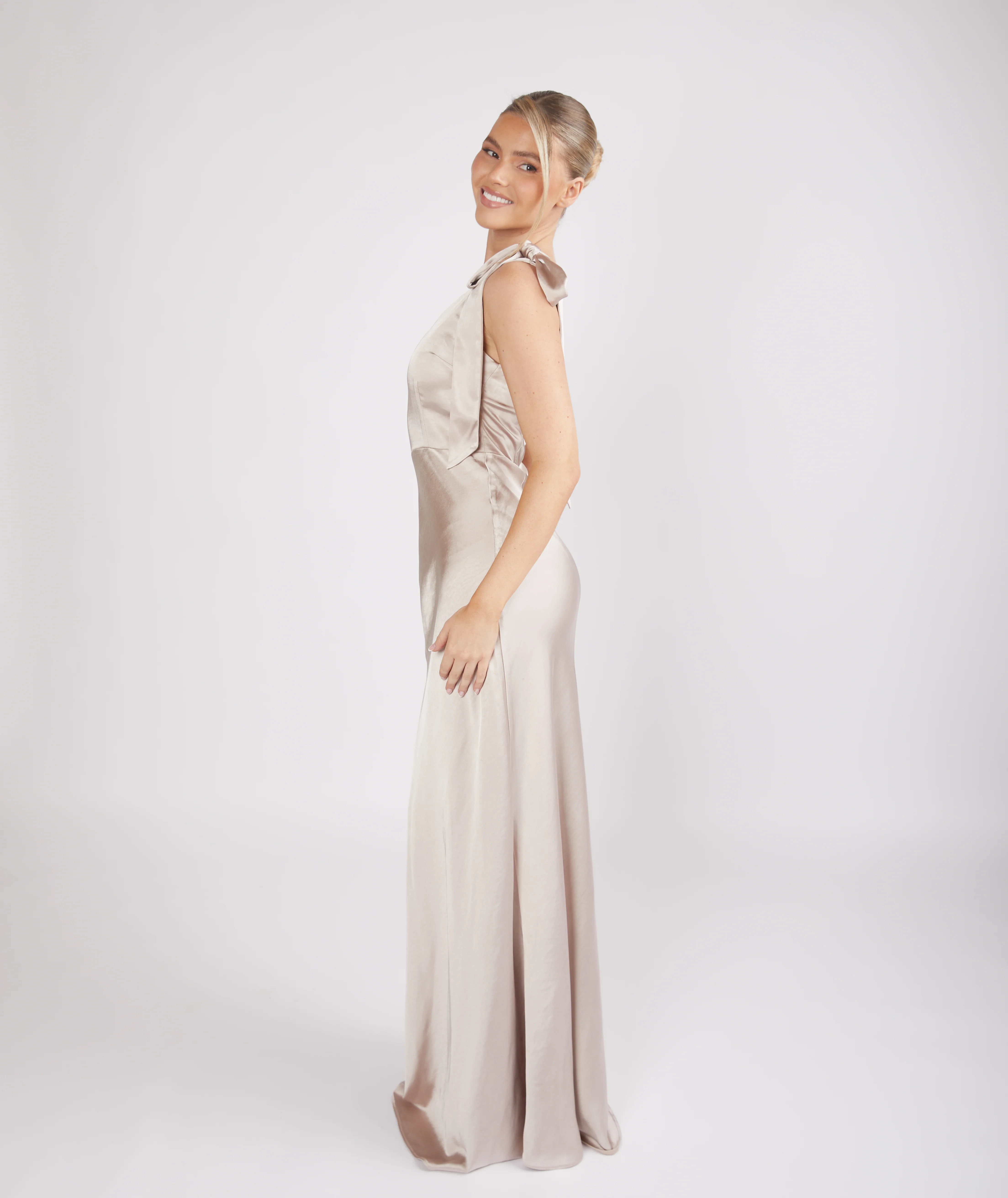 Bow One Shoulder Satin Bridesmaid Dress - Oyster - Image 2