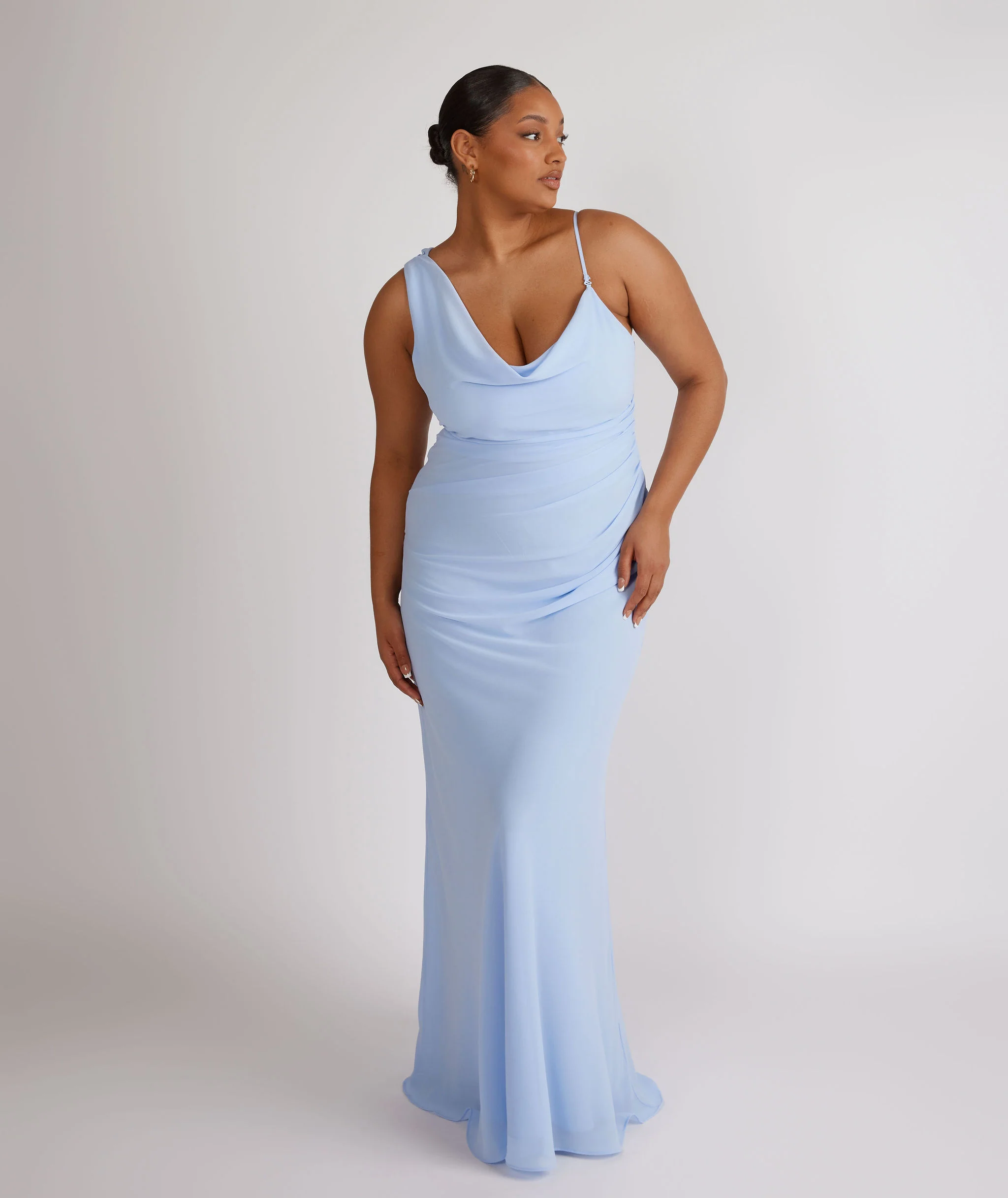 Cowl Asymmetrical Chiffon Bridesmaid Dress - Cornflower Blue