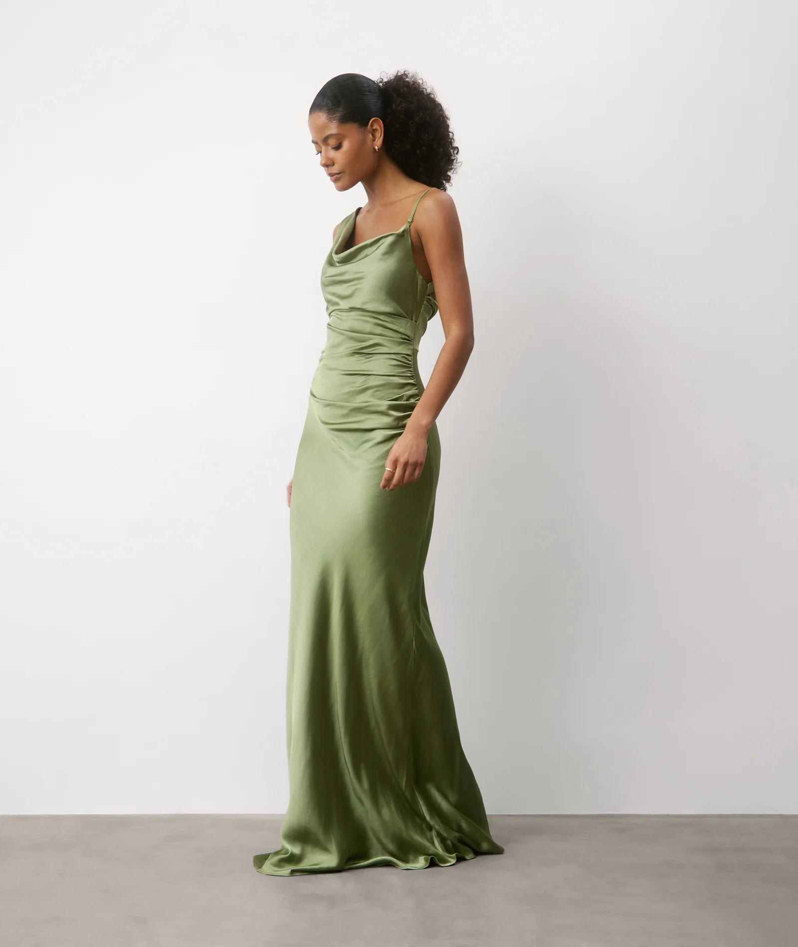Cowl Asymmetrical Satin Bridesmaid Dress - Moss Green - Image 6