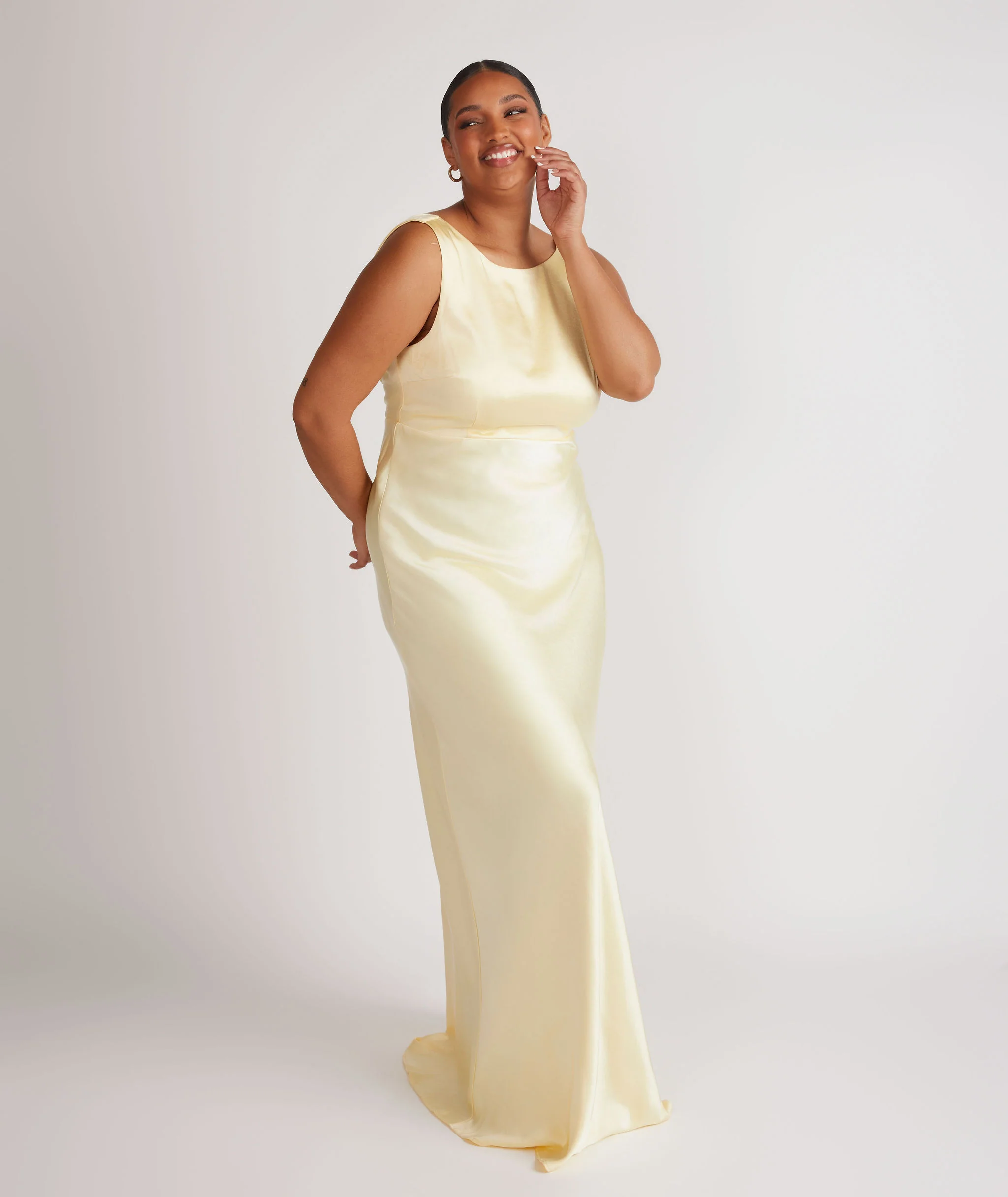 Cowl Back Satin Bridesmaid Dress - Butter Lemon - Image 2