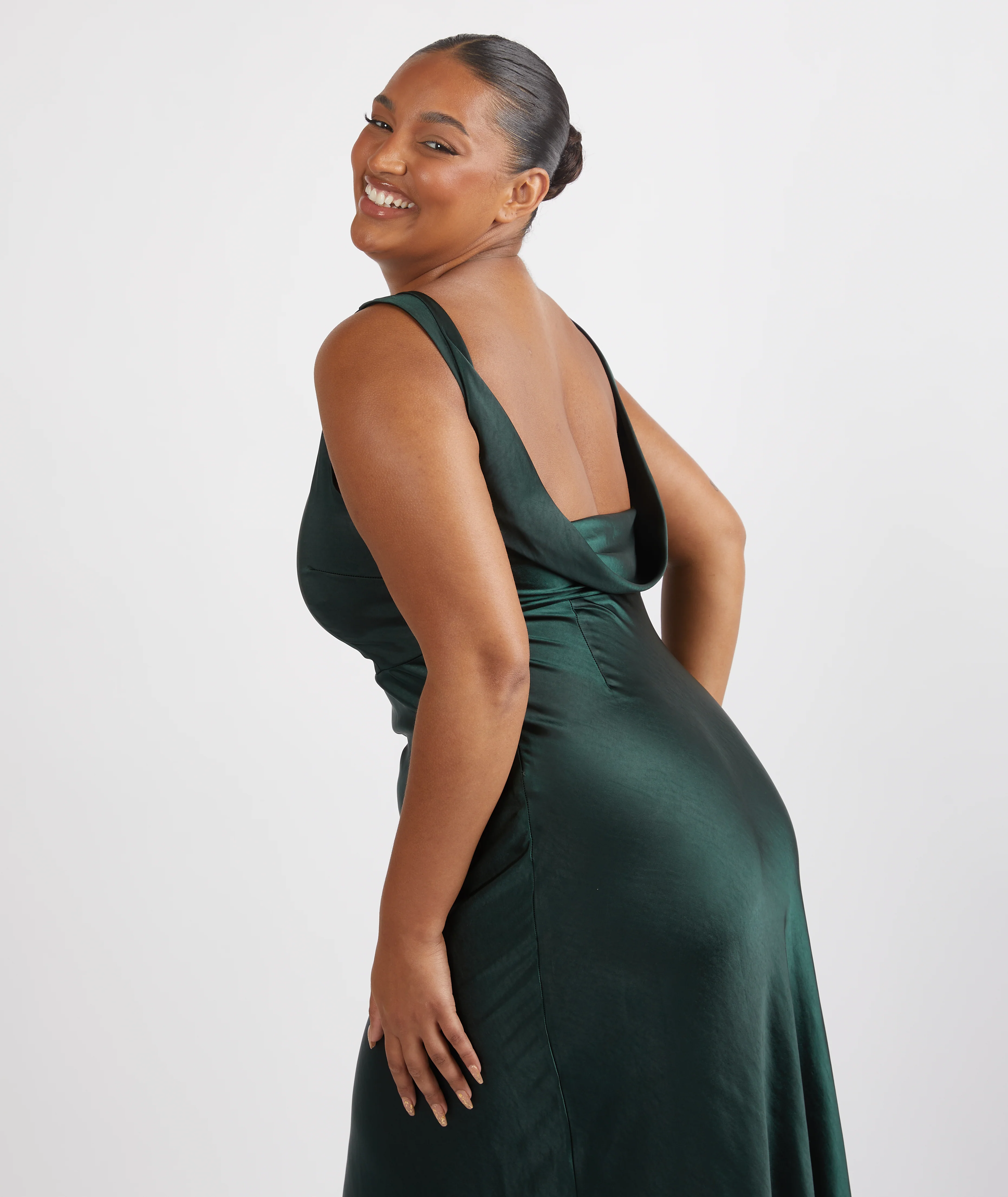 Cowl Back Satin Bridesmaid Dress - Emerald - Image 6