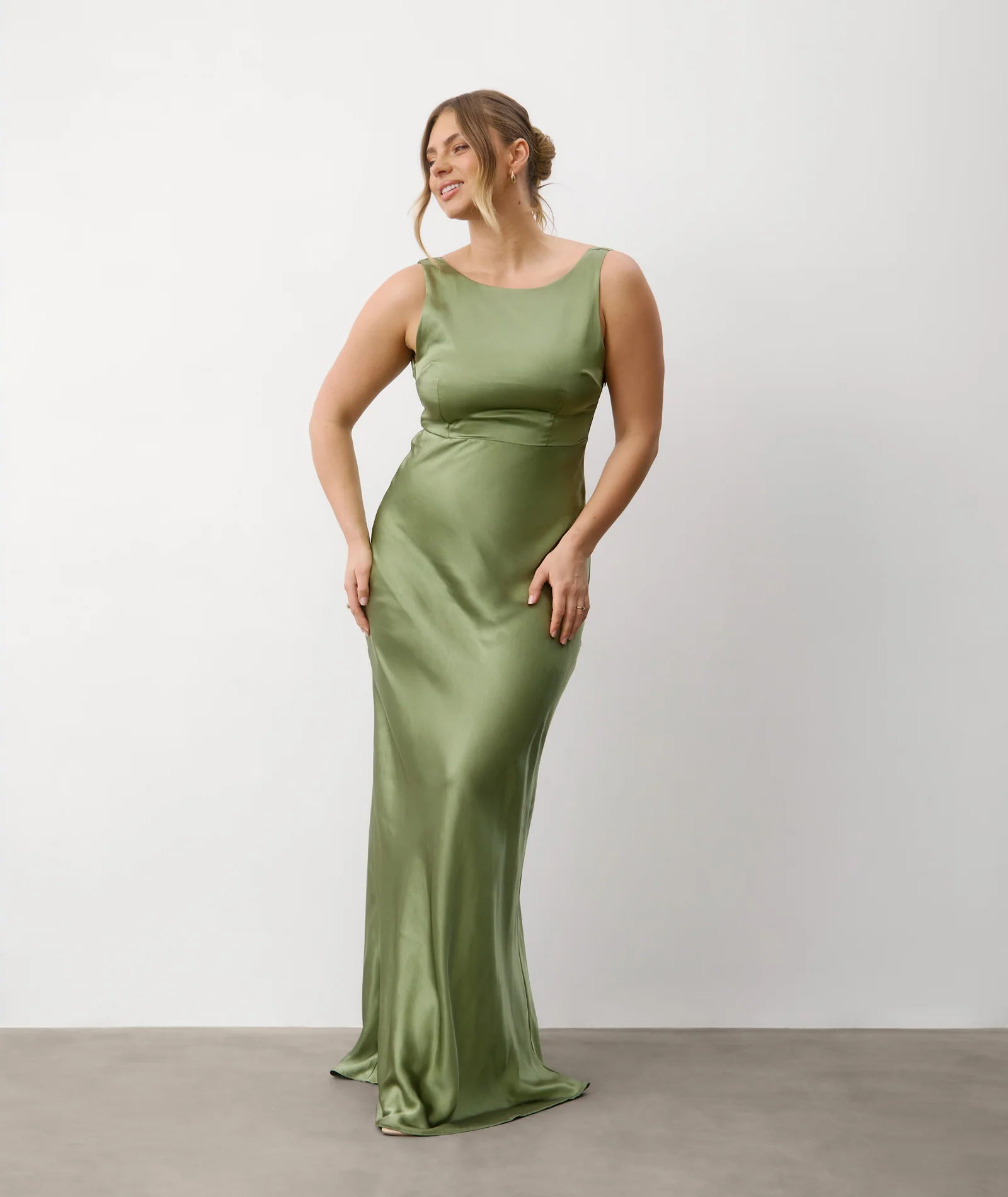 Cowl Back Satin Bridesmaid Dress - Moss Green - Image 4