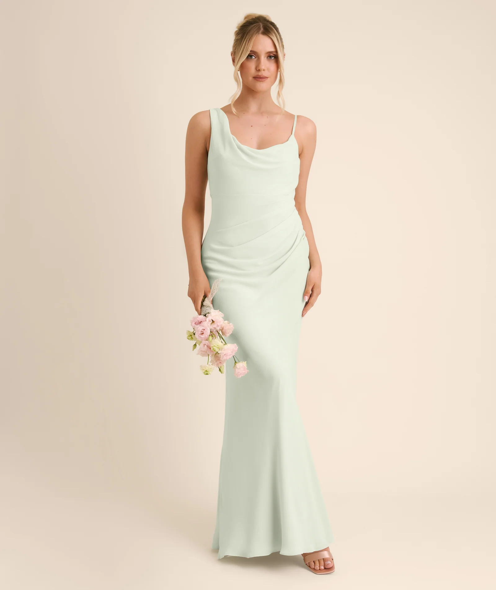 Cowl Front Asymmetrical Chiffon Bridesmaid Dress - Mint Green