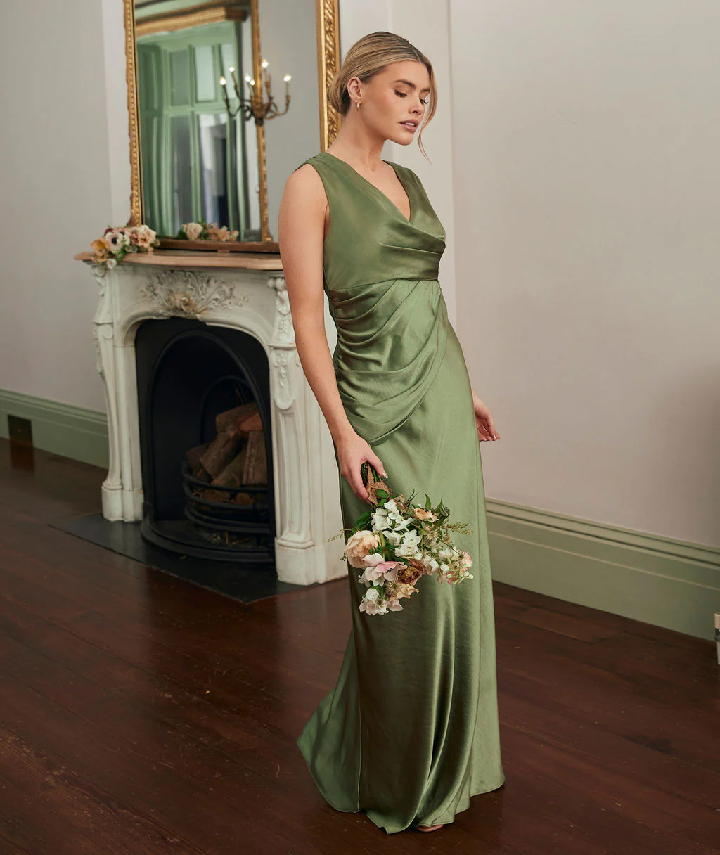 Drape Detail Satin Bridesmaid Dress - Moss Green