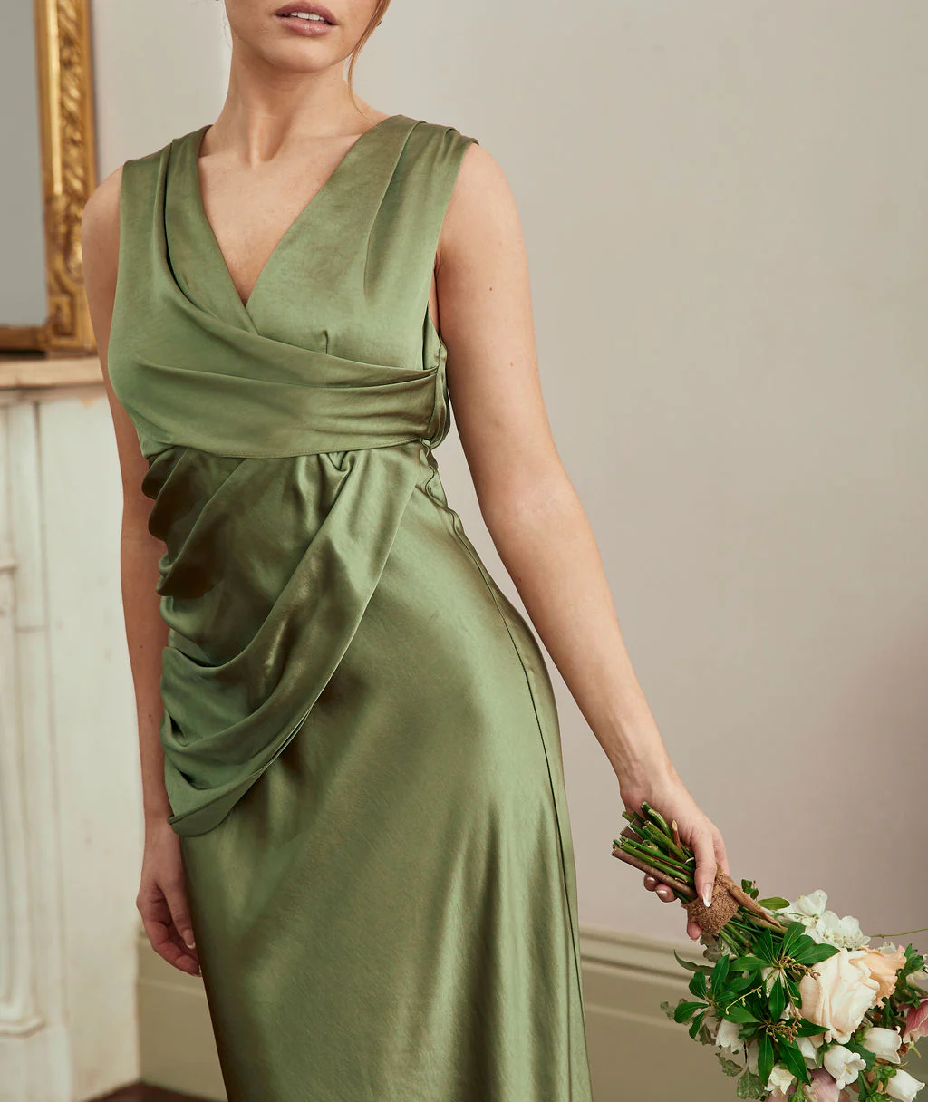 Drape Detail Satin Bridesmaid Dress - Moss Green - Image 2