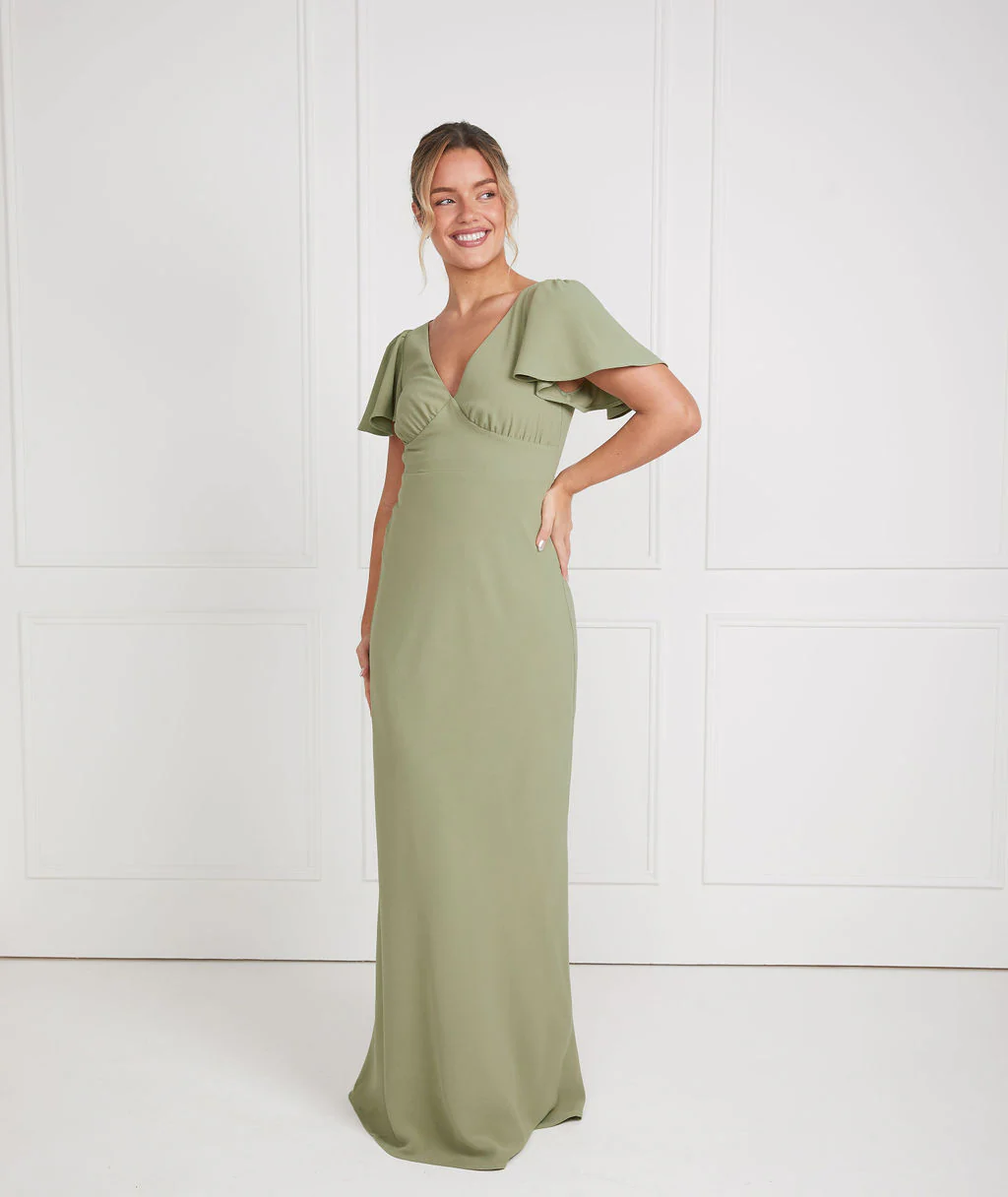 Flutter Sleeve V Neck Crepe Bridesmaid Dress - Sage