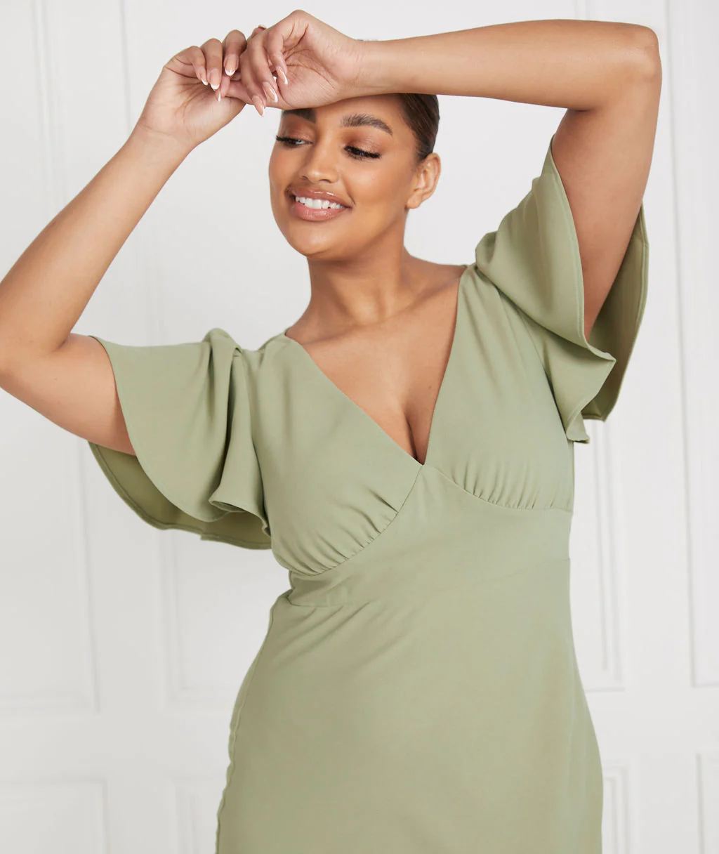 Flutter Sleeve V Neck Crepe Bridesmaid Dress - Sage - Image 2
