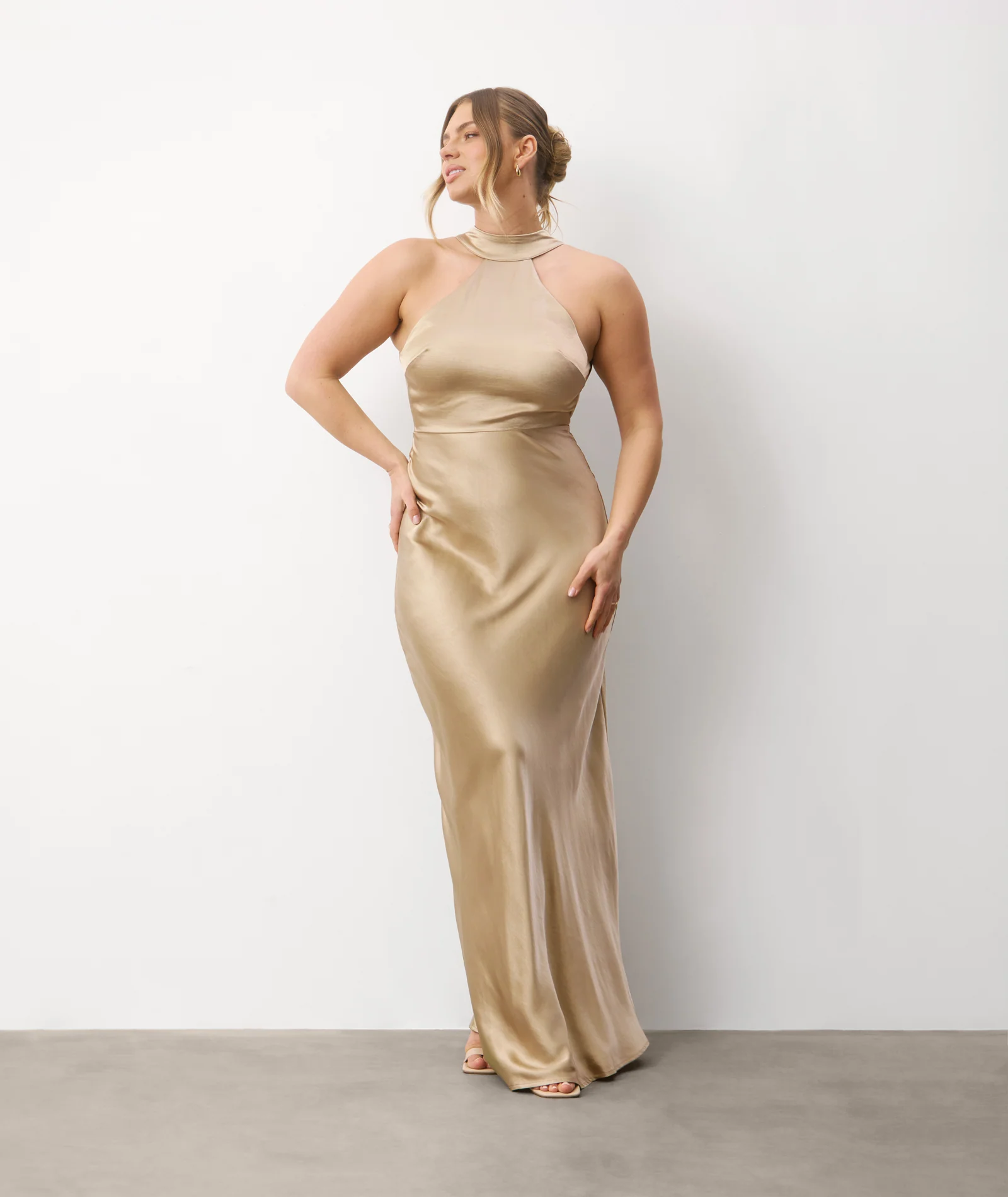 Halter Neck Satin Bridesmaid Dress - Champagne - Image 4