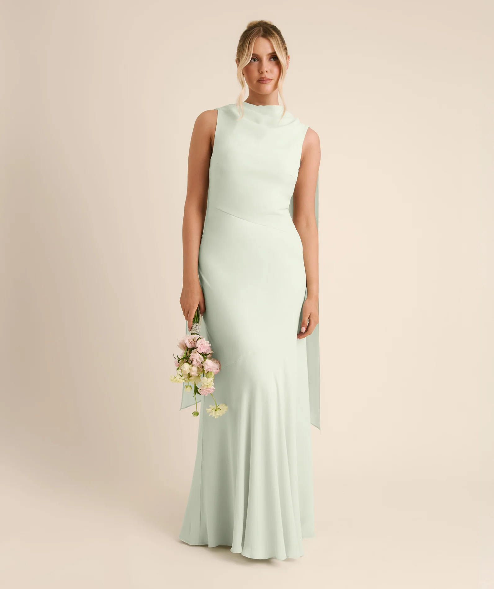 High Cowl Neck Drape Chiffon Bridesmaid Dress - Mint Green