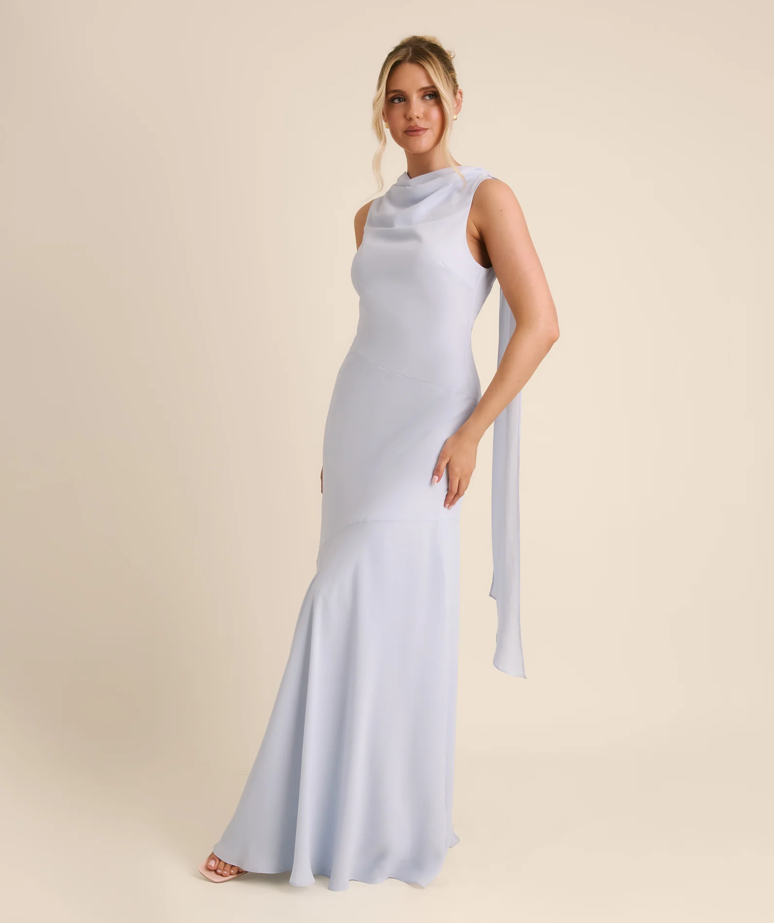 High Cowl Neck Drape Chiffon Bridesmaid Dress - Powder Blue