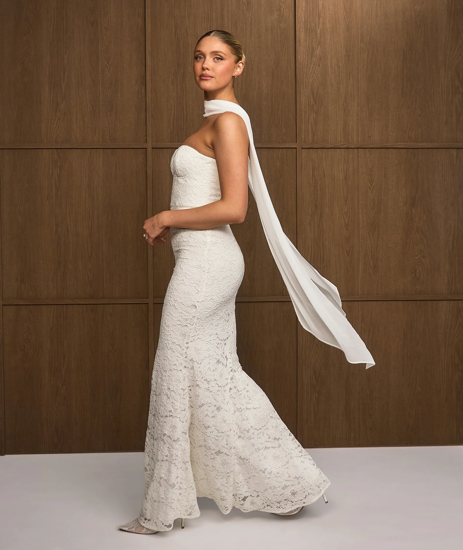 Lace Bandeau Maxi Dress with Neck Scarf - Ivory - Image 3