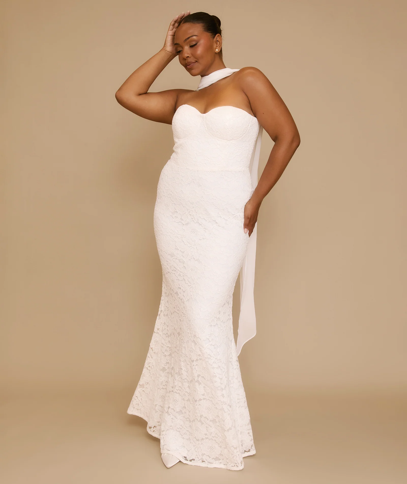 Lace Bandeau Maxi Dress with Neck Scarf - Ivory - Image 7