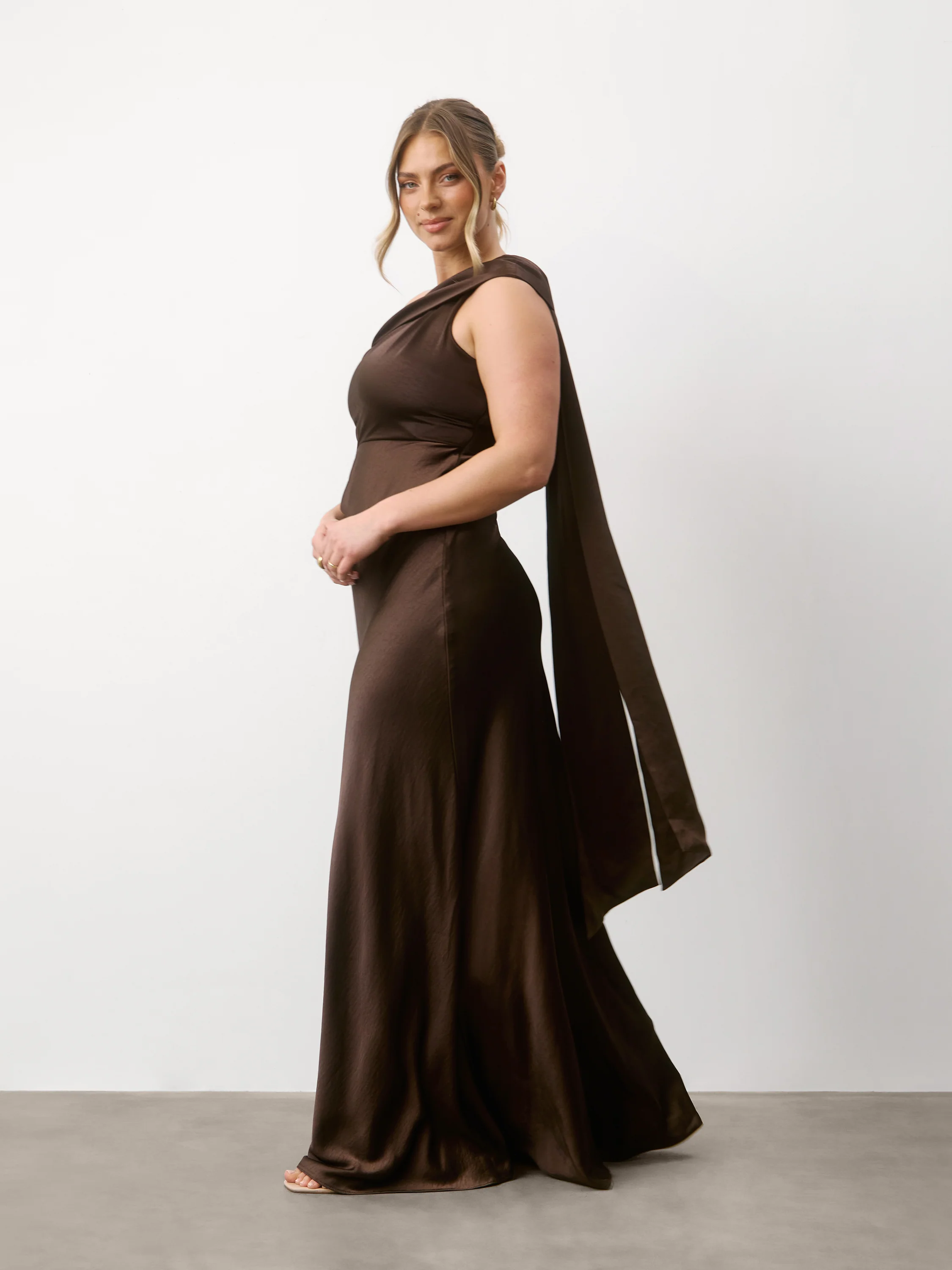 One Shoulder Drape Satin Bridesmaid Dress - Chocolate - Image 6