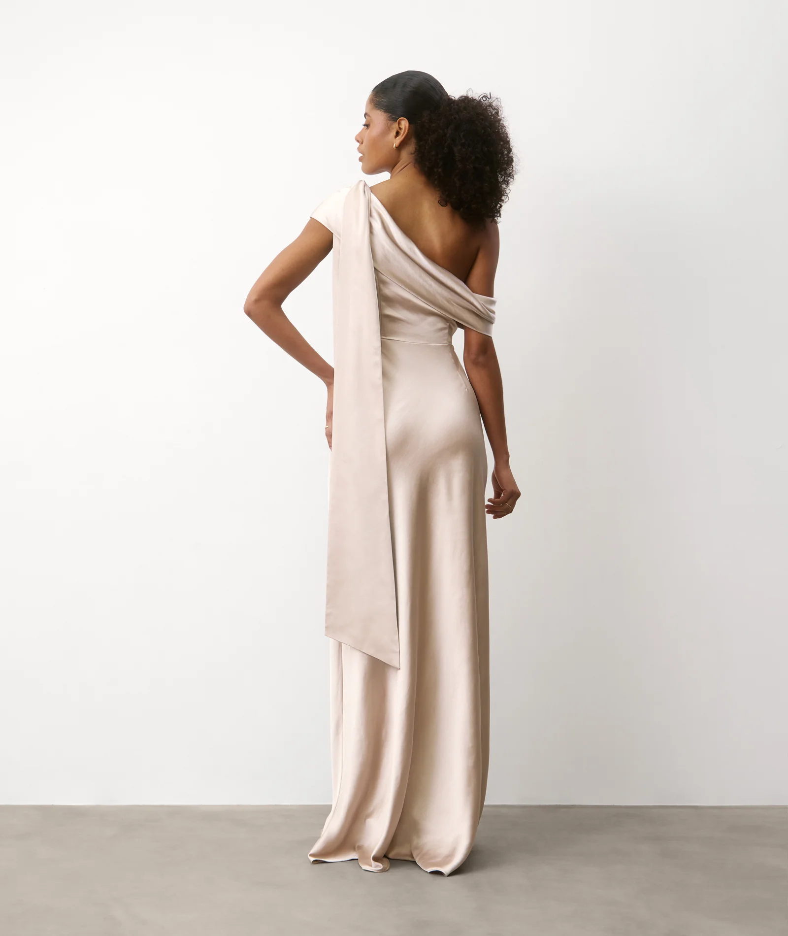One Shoulder Drape Satin Bridesmaid Dress - Oyster - Image 5