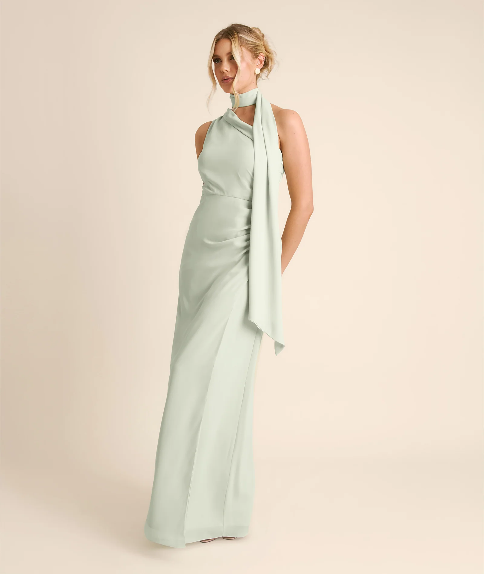 One Shoulder Neck Tie Chiffon Bridesmaid Dress - Mint Green