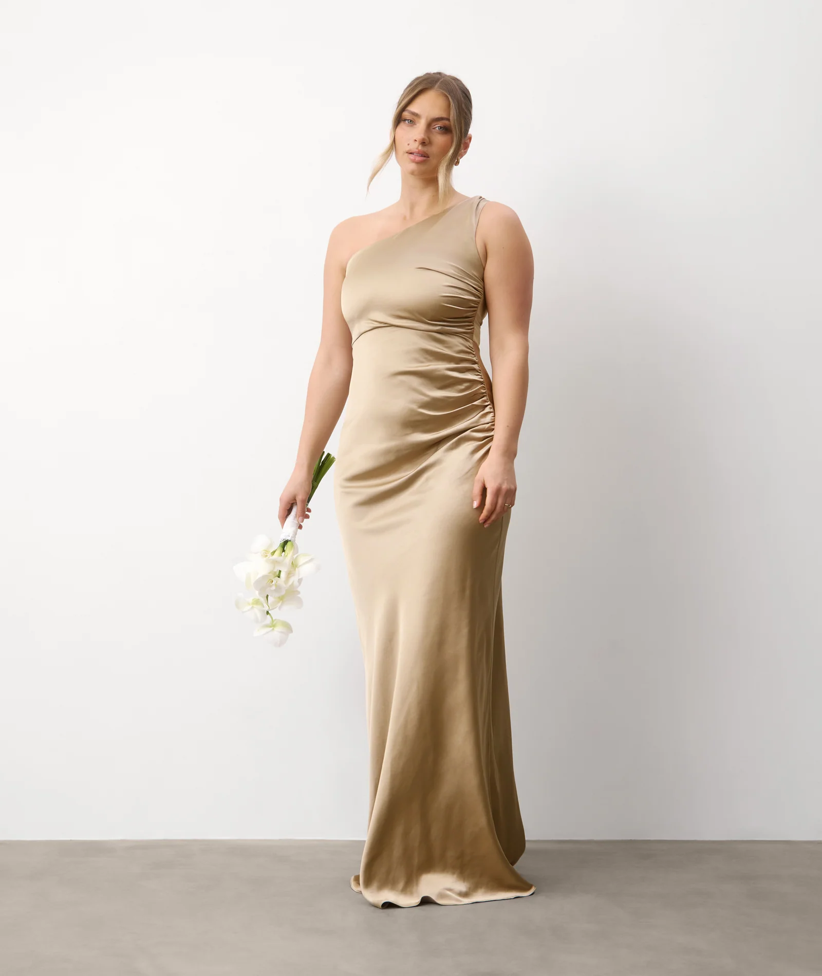 One Shoulder Satin Bridesmaid Dress - Champagne - Image 4