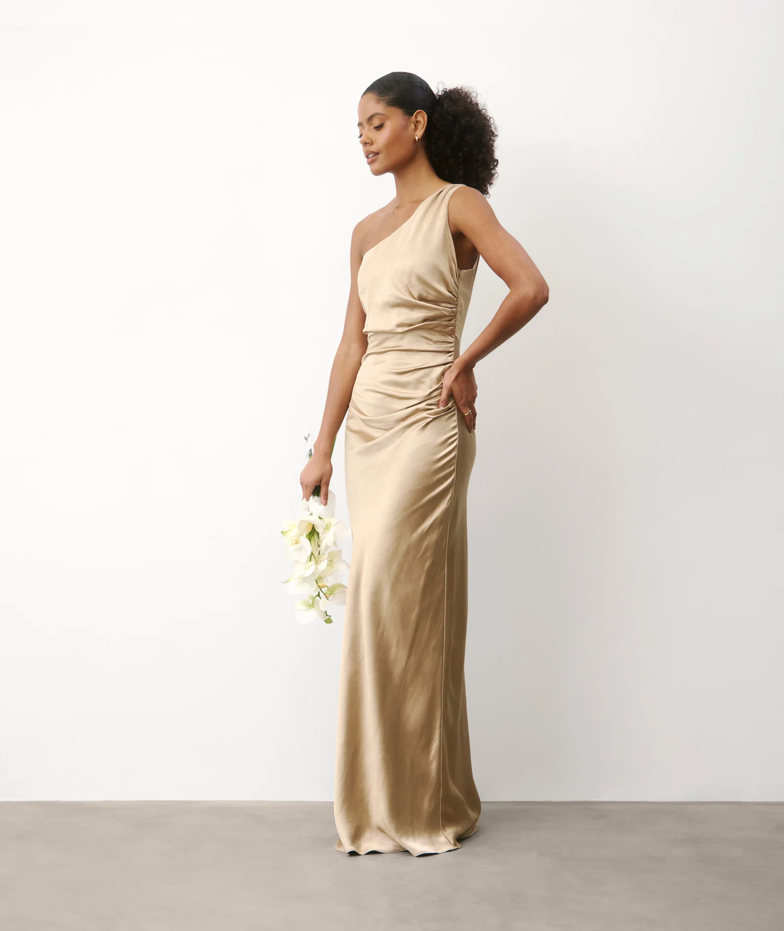One Shoulder Satin Bridesmaid Dress - Champagne - Image 6