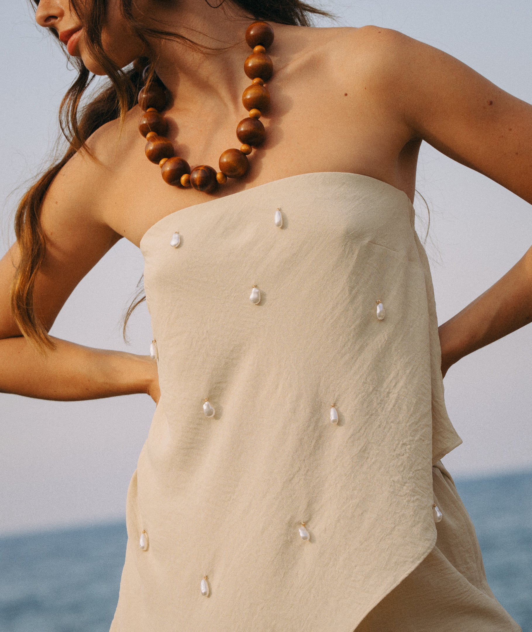 Pearl Beaded Bandeau Asymmetric Top - Stone - Image 2