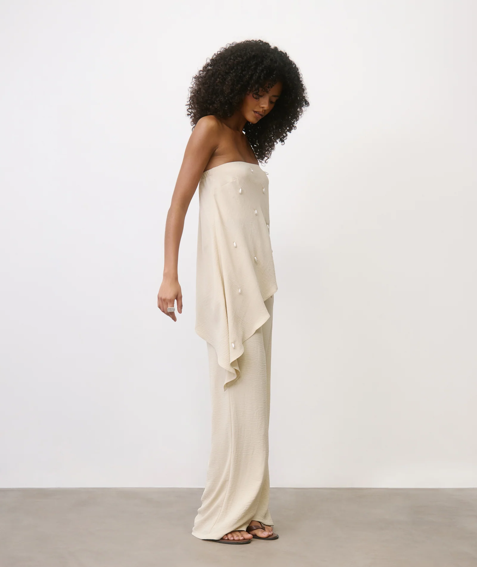 Pearl Beaded Bandeau Asymmetric Top - Stone - Image 3