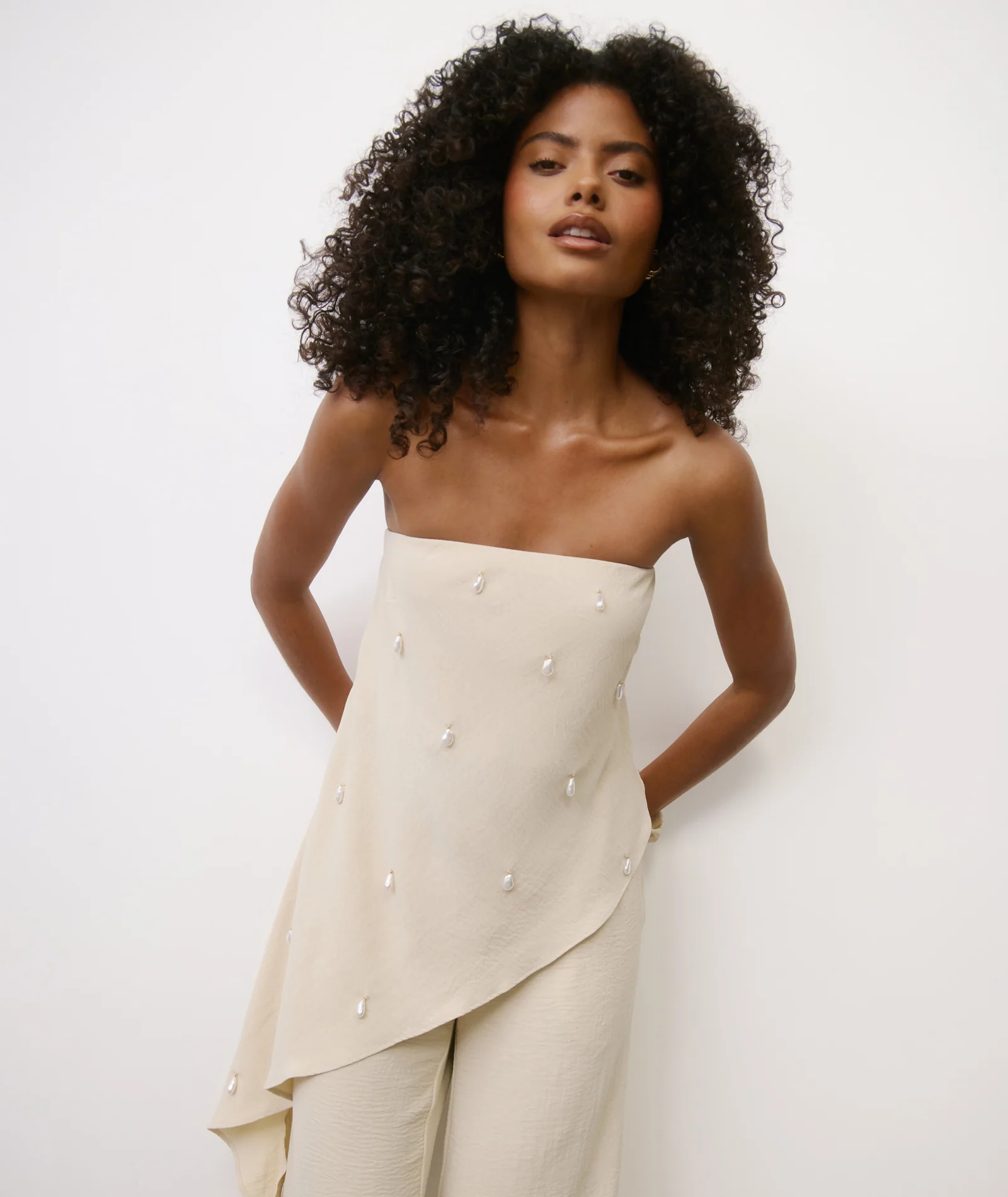 Pearl Beaded Bandeau Asymmetric Top - Stone - Image 5
