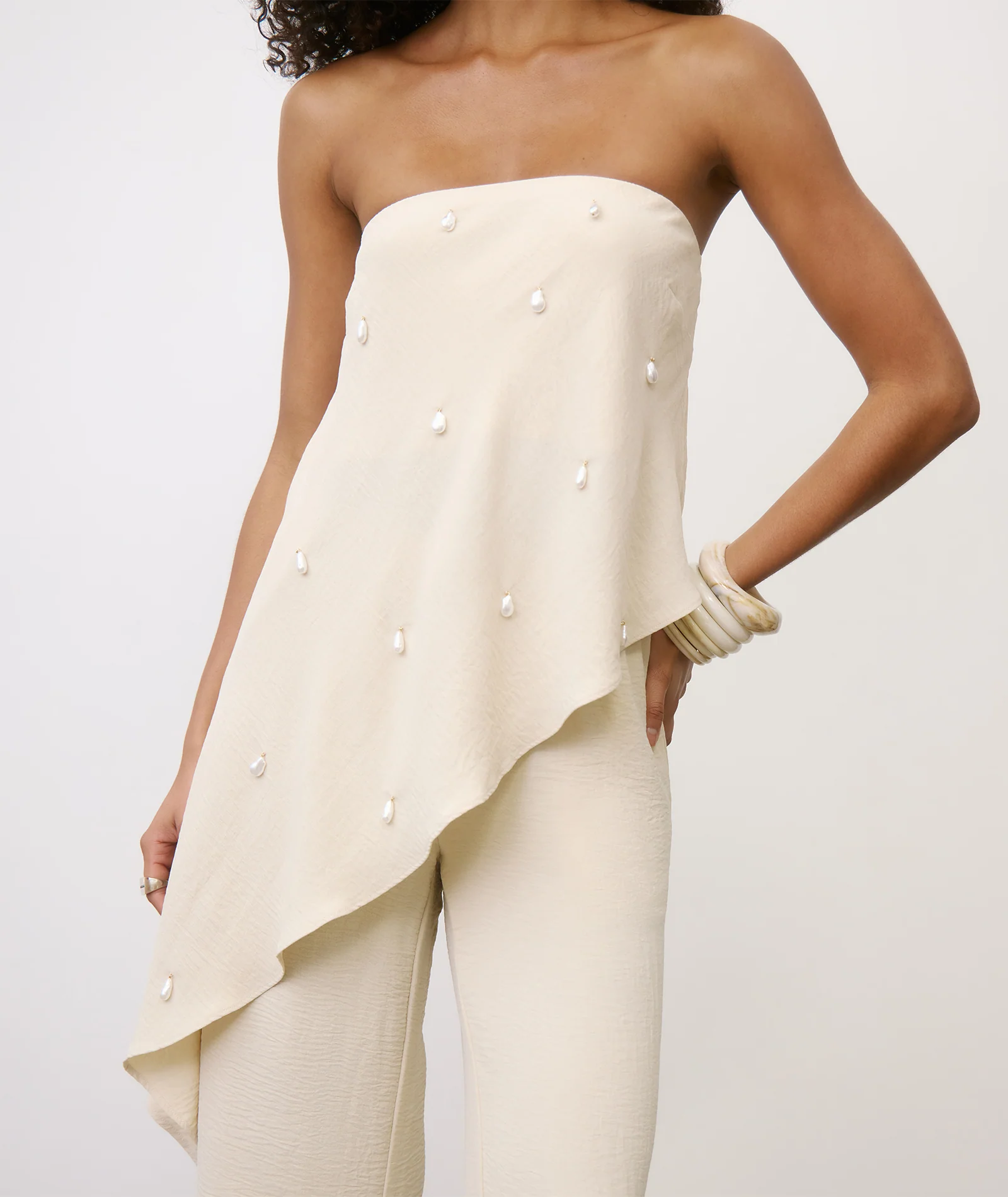 Pearl Beaded Bandeau Asymmetric Top - Stone - Image 7