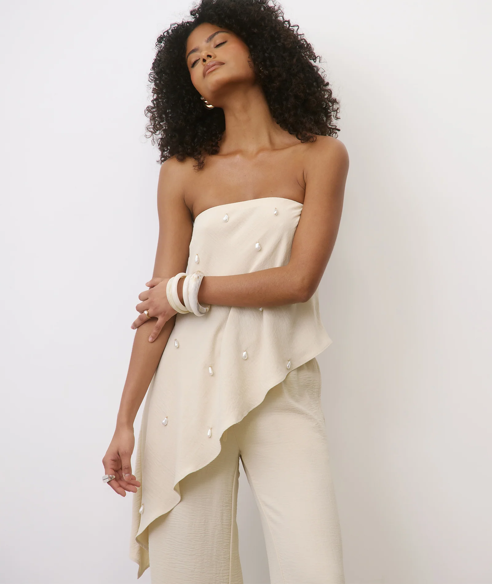 Pearl Beaded Bandeau Asymmetric Top - Stone - Image 8