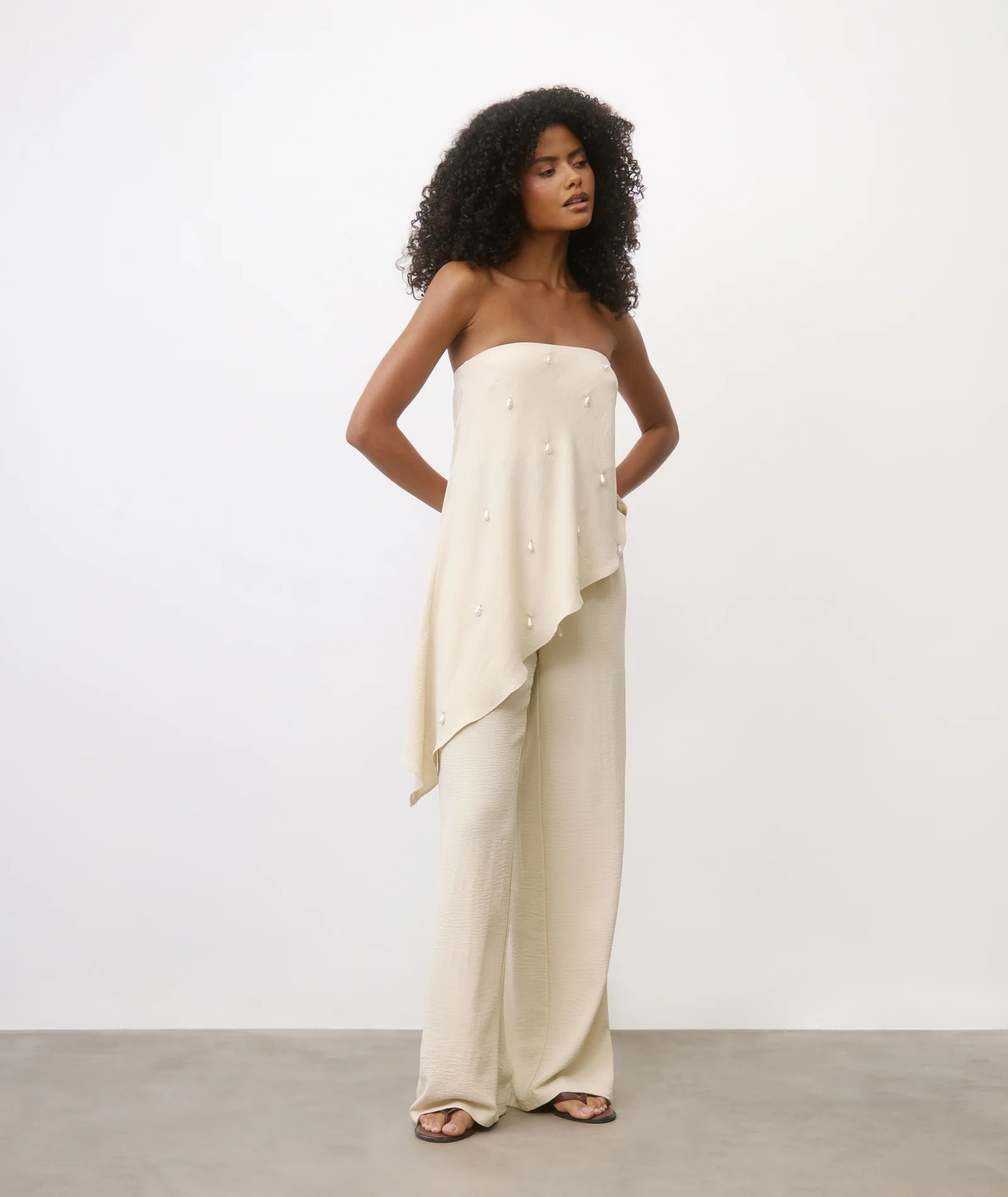 Pearl Beaded Bandeau Asymmetric Top - Stone - Image 9