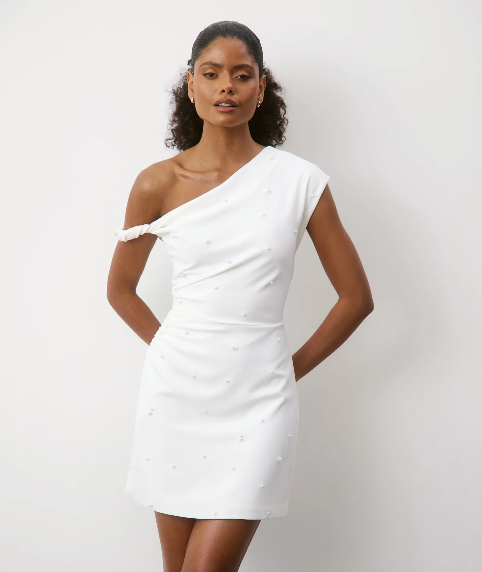 Pearl Trim Asymmetric Bardot Mini Dress - White - Image 3