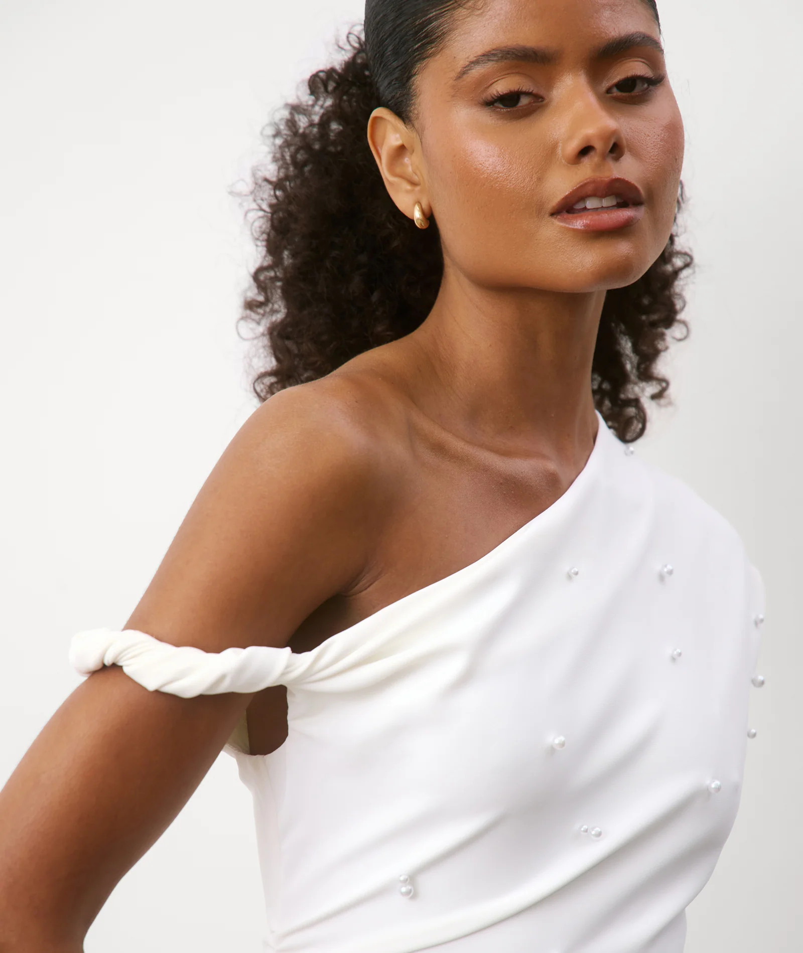 Pearl Trim Asymmetric Bardot Mini Dress - White - Image 4