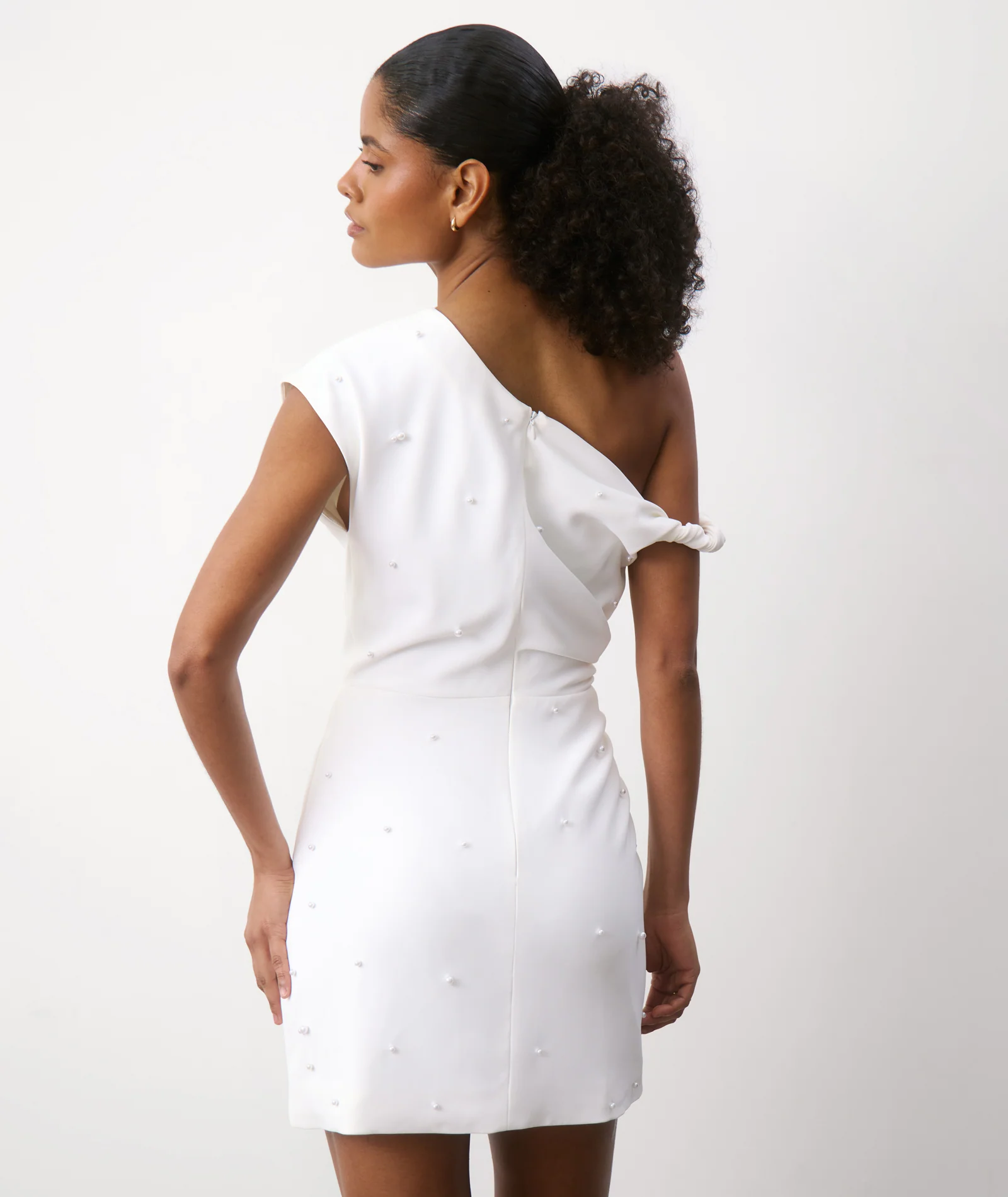 Pearl Trim Asymmetric Bardot Mini Dress - White - Image 5