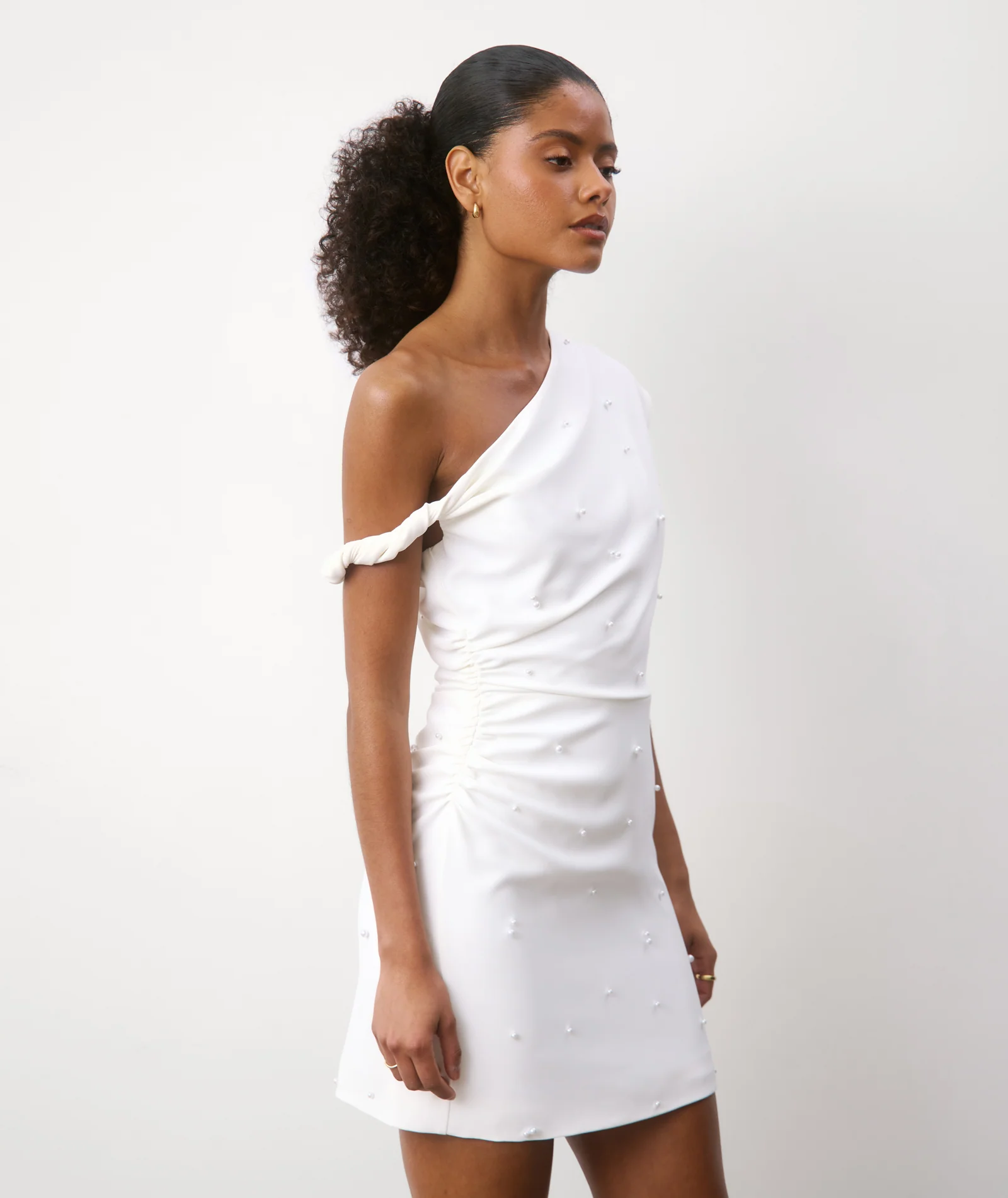 Pearl Trim Asymmetric Bardot Mini Dress - White - Image 6