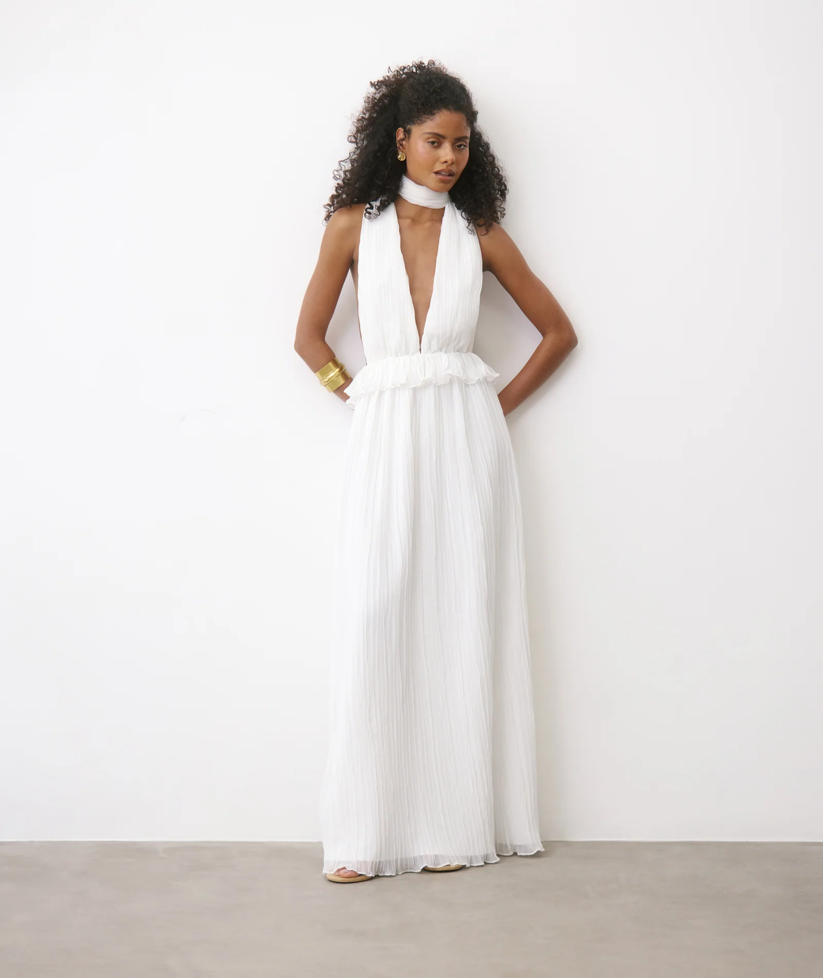 Pleated Plunge Maxi Dress - Ivory