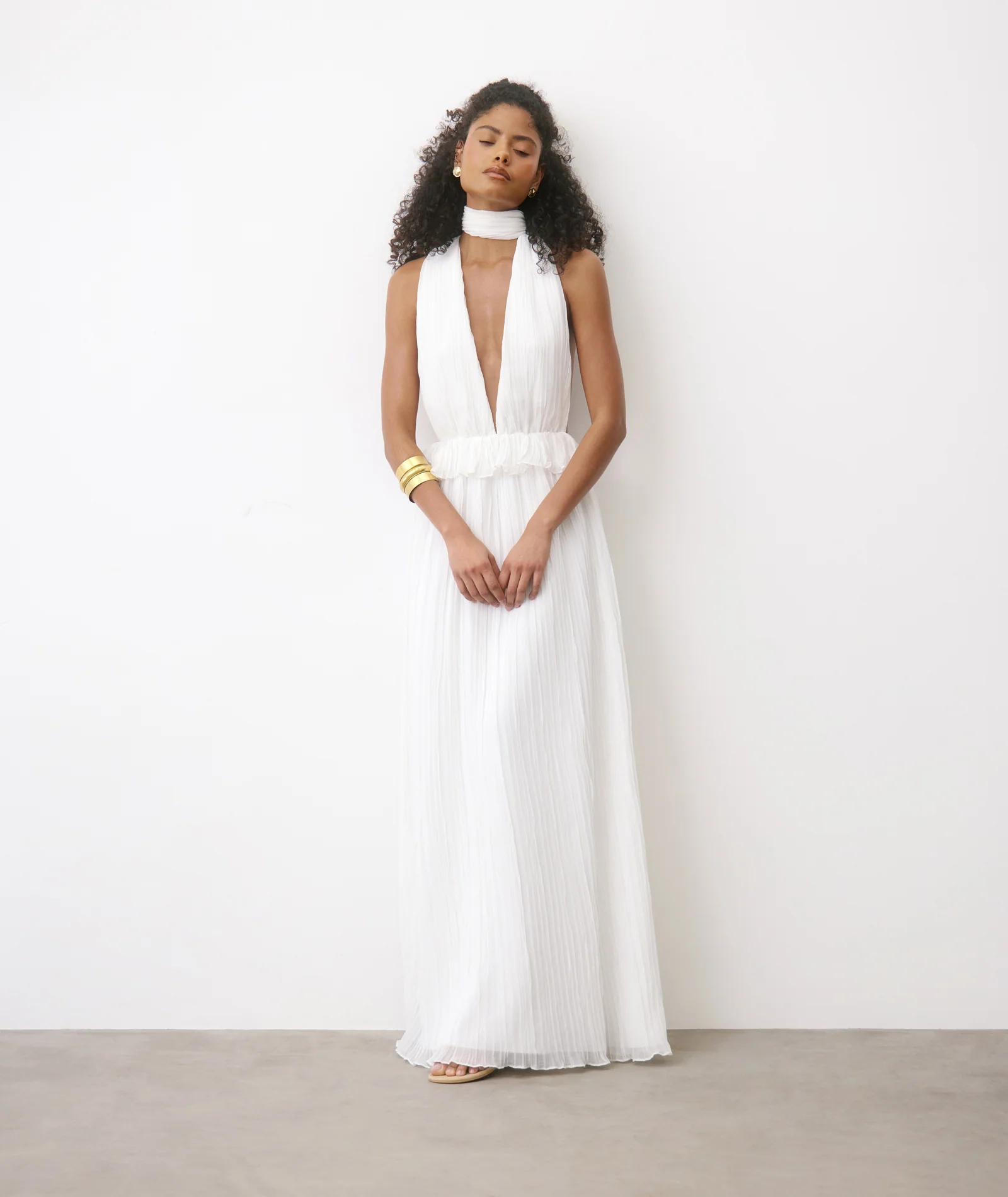 Pleated Plunge Maxi Dress - Ivory - Image 7
