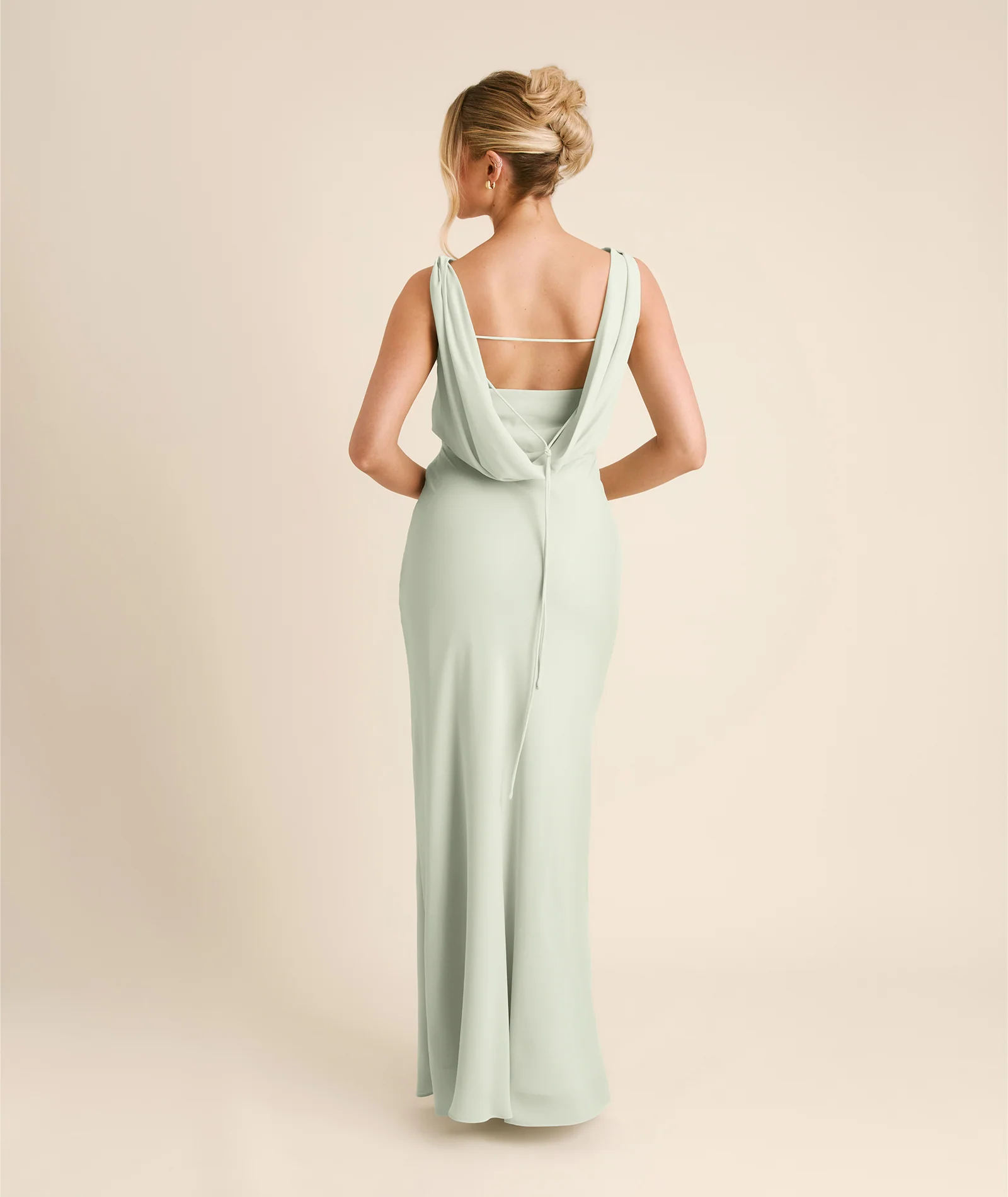 Plunge Cowl Chiffon Bridesmaid Dress with Neck Scarf - Mint Green