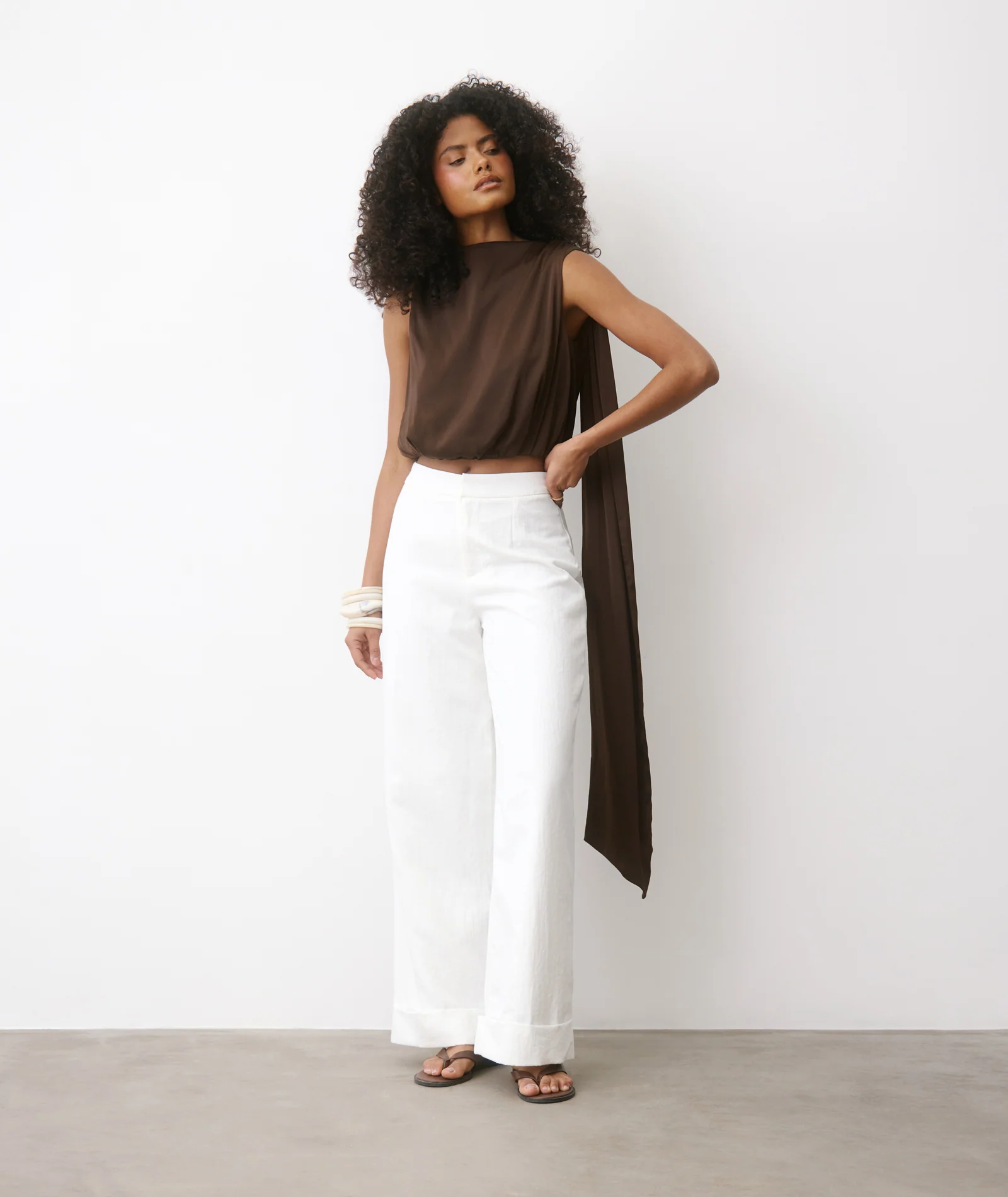 Satin Drape Detail High Neck Top - Chocolate