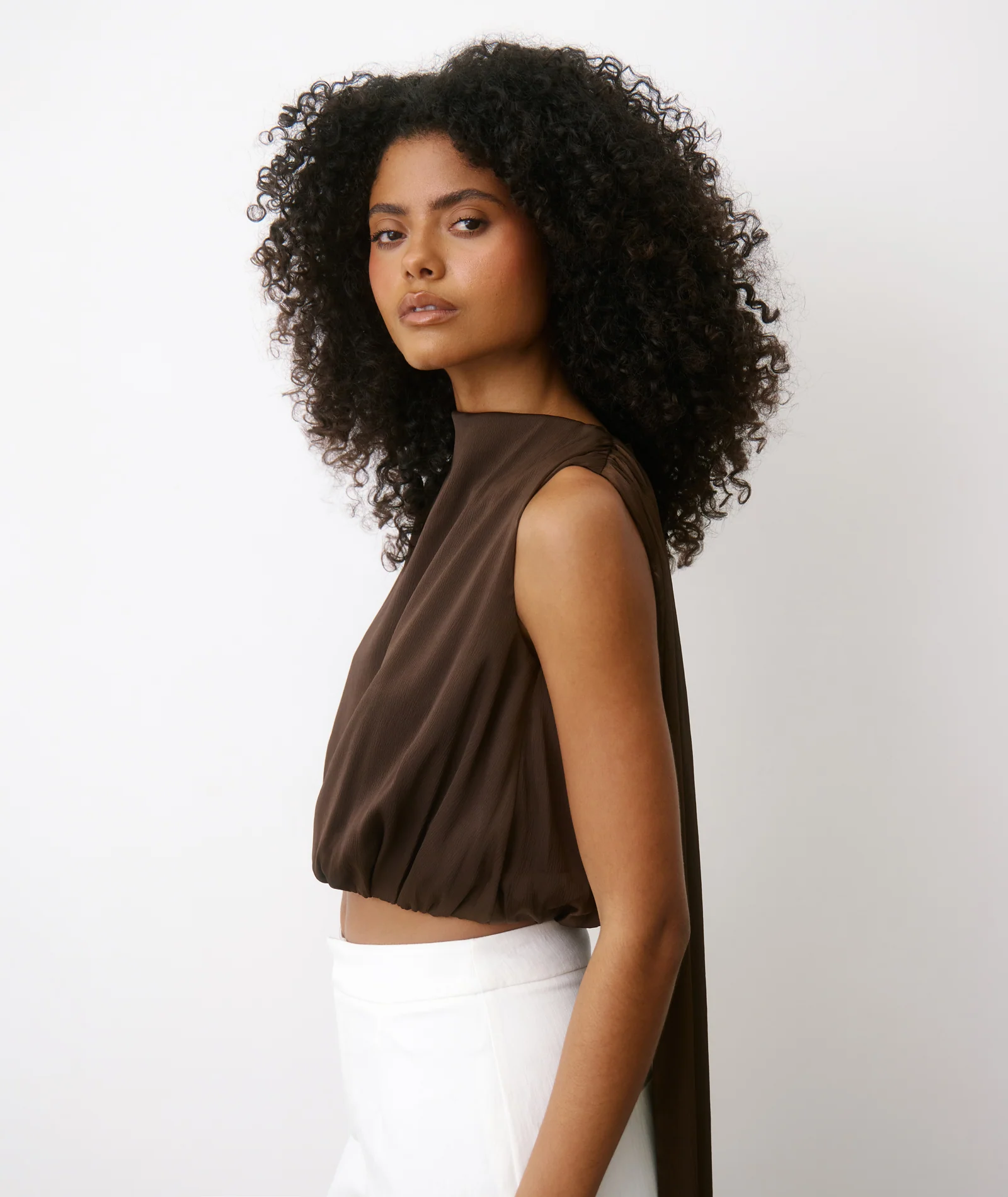 Satin Drape Detail High Neck Top - Chocolate - Image 3