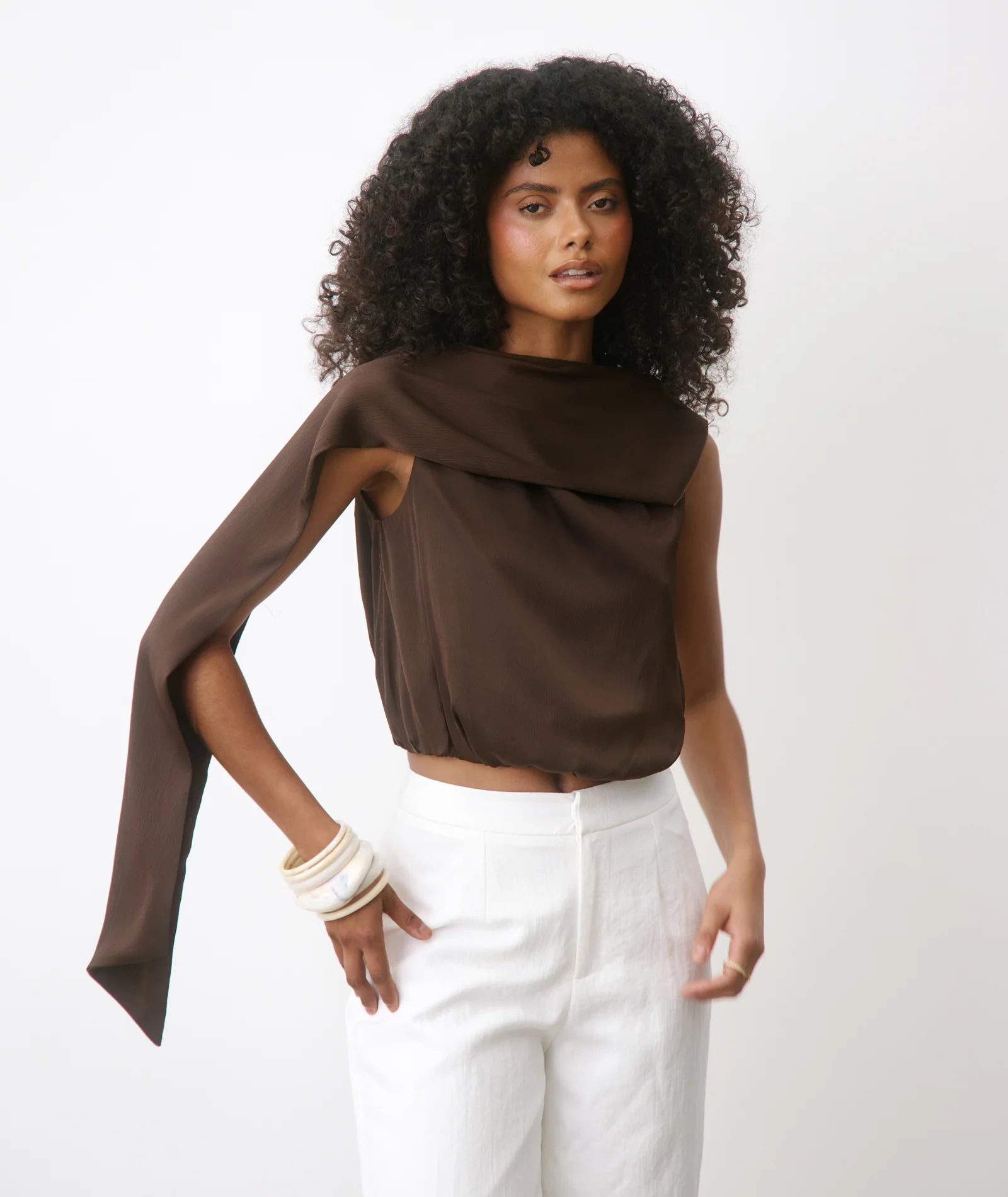 Satin Drape Detail High Neck Top - Chocolate - Image 6