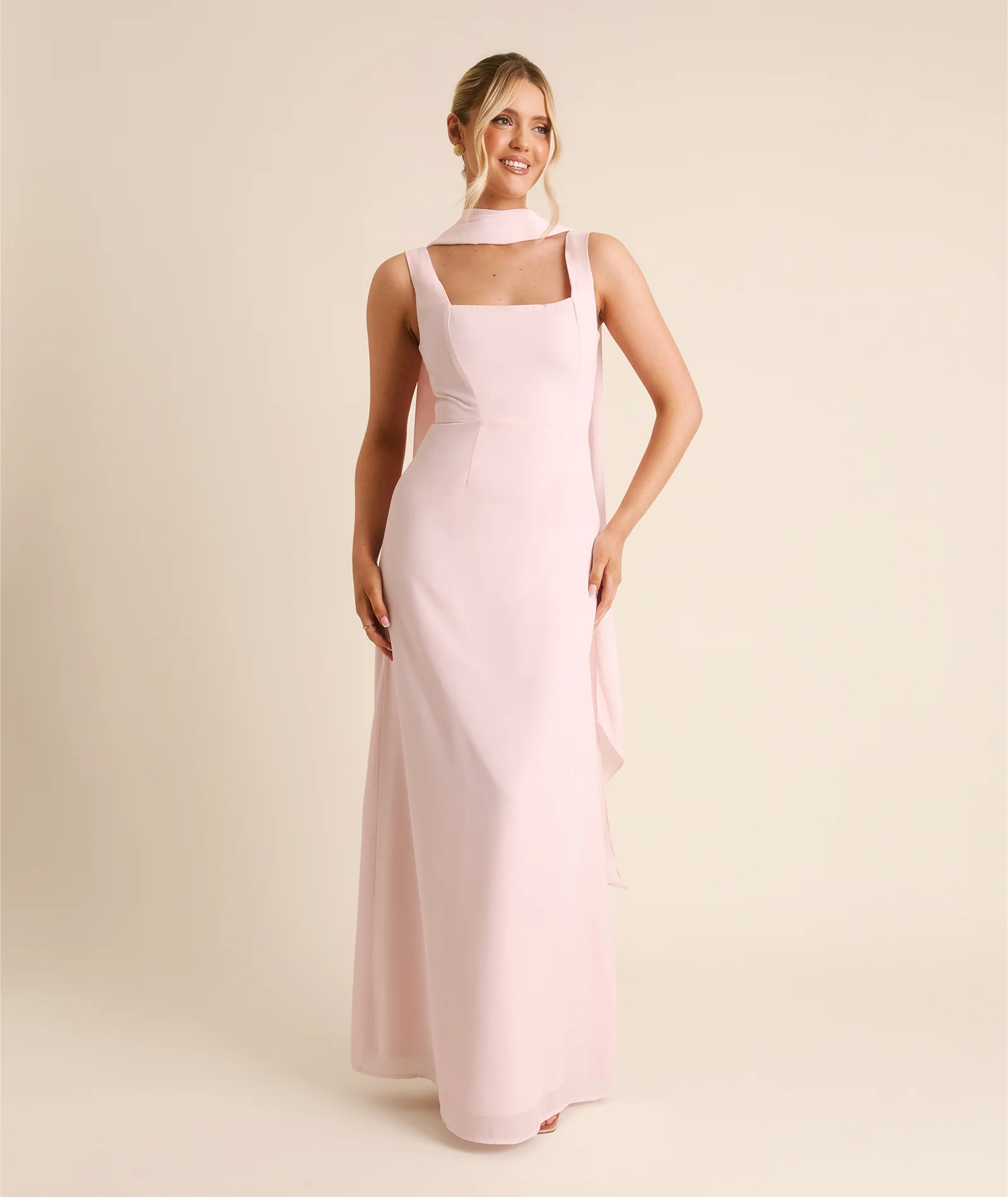 Square Neck Chiffon Bridesmaid Dress with Neck Scarf - Blush Pink