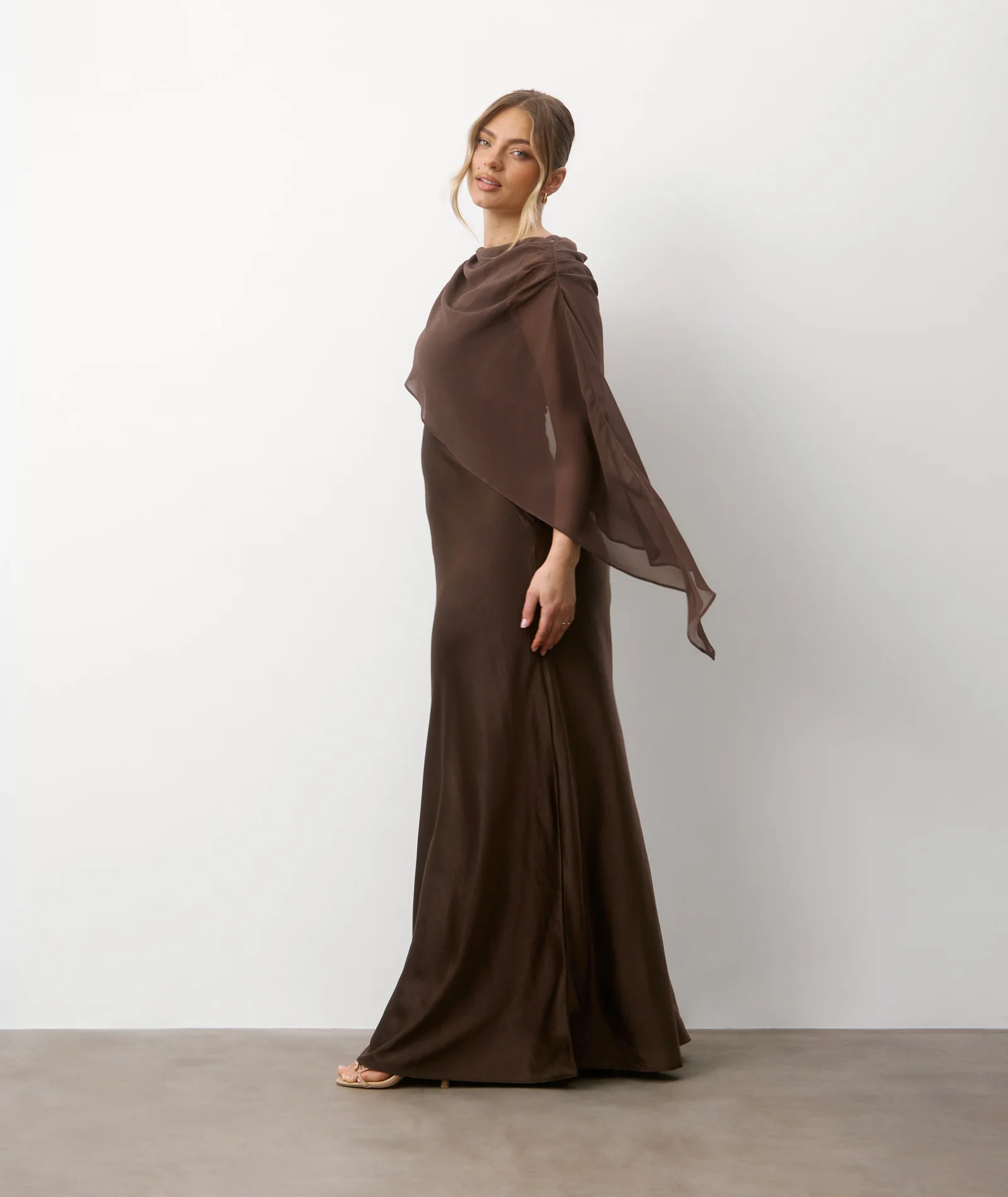 Square Neck Satin Bridesmaid Dress with Chiffon Cape - Chocolate - Image 6