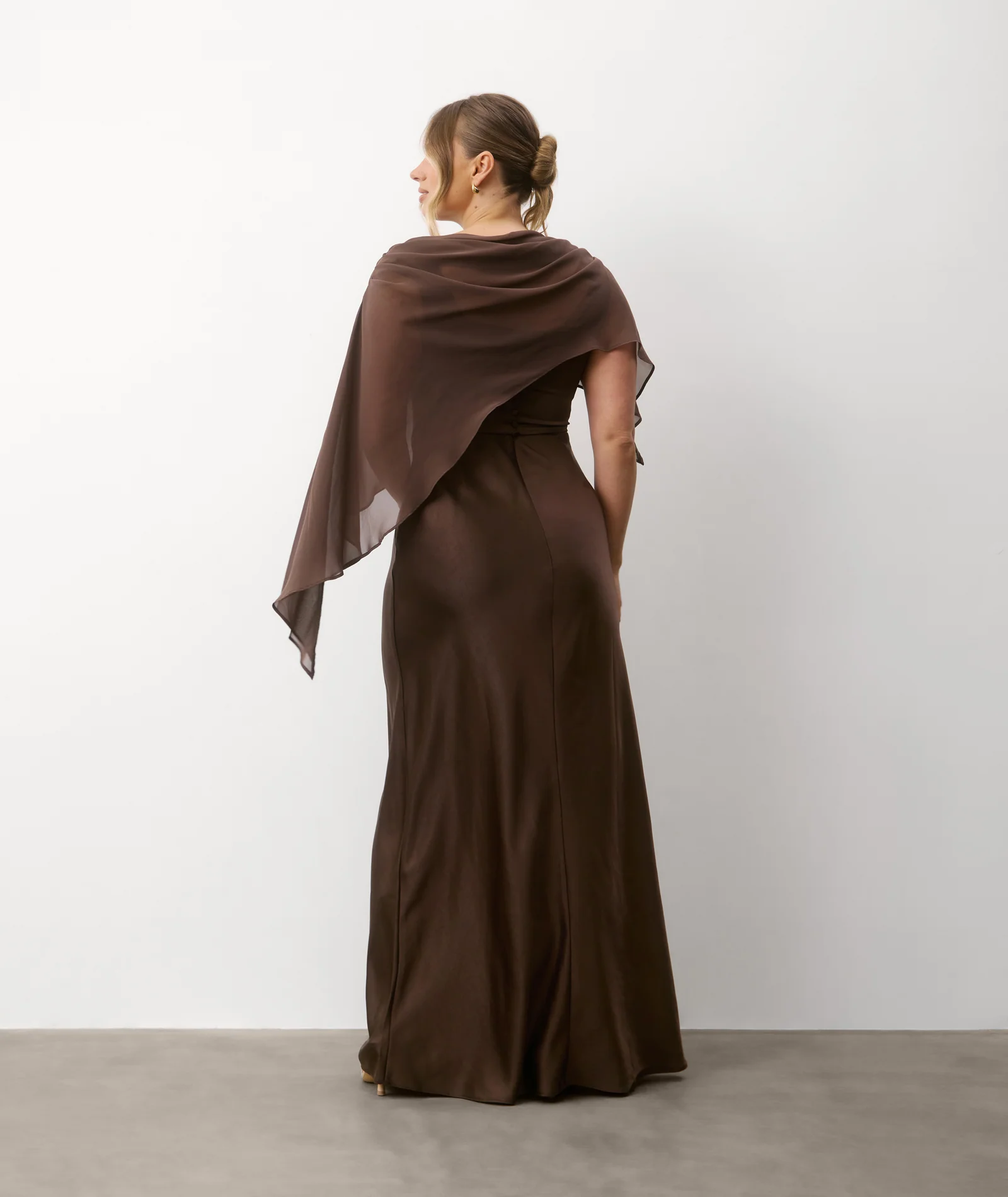 Square Neck Satin Bridesmaid Dress with Chiffon Cape - Chocolate - Image 7