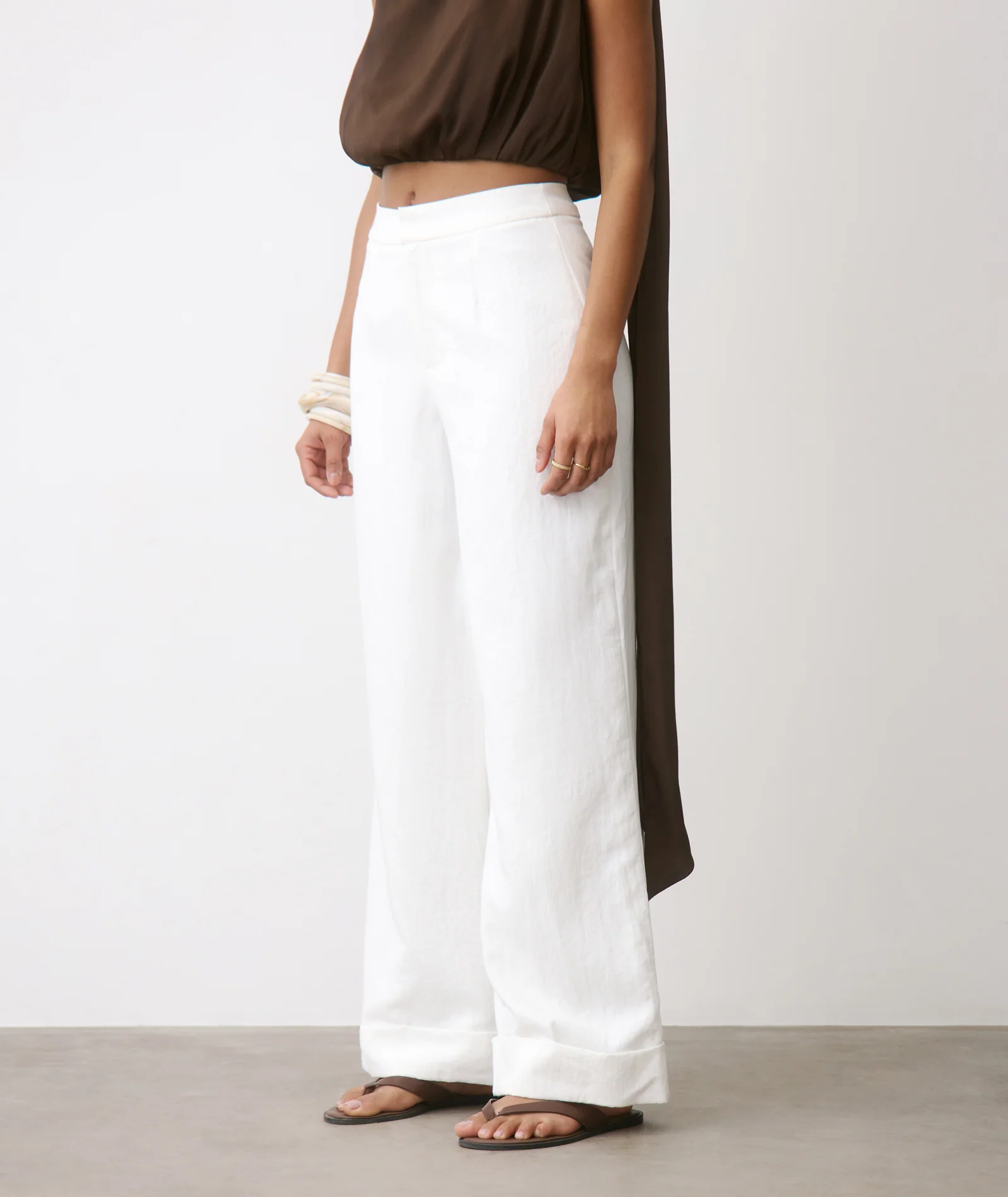 Textured Turn Up Tailored Trousers - White - Image 4