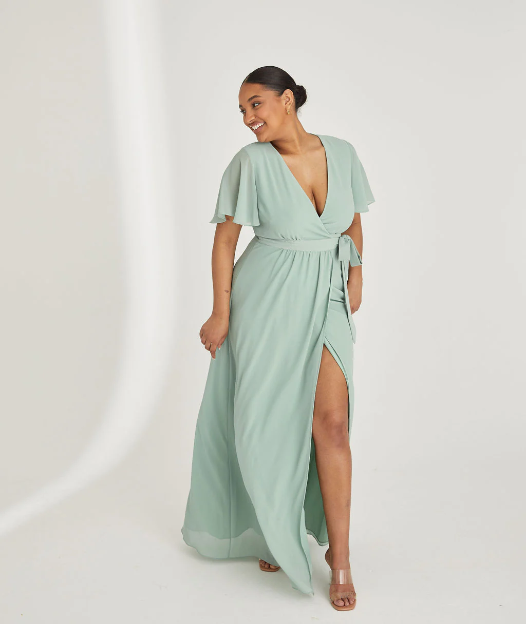 Wrap Tie Chiffon Bridesmaid Dress - Sage