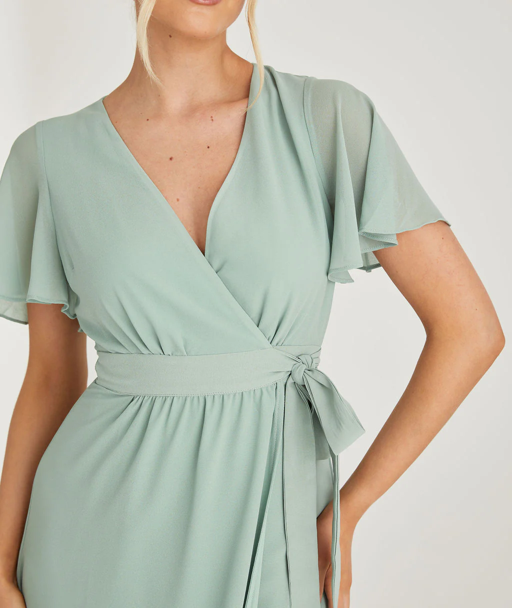 Wrap Tie Chiffon Bridesmaid Dress - Sage - Image 2